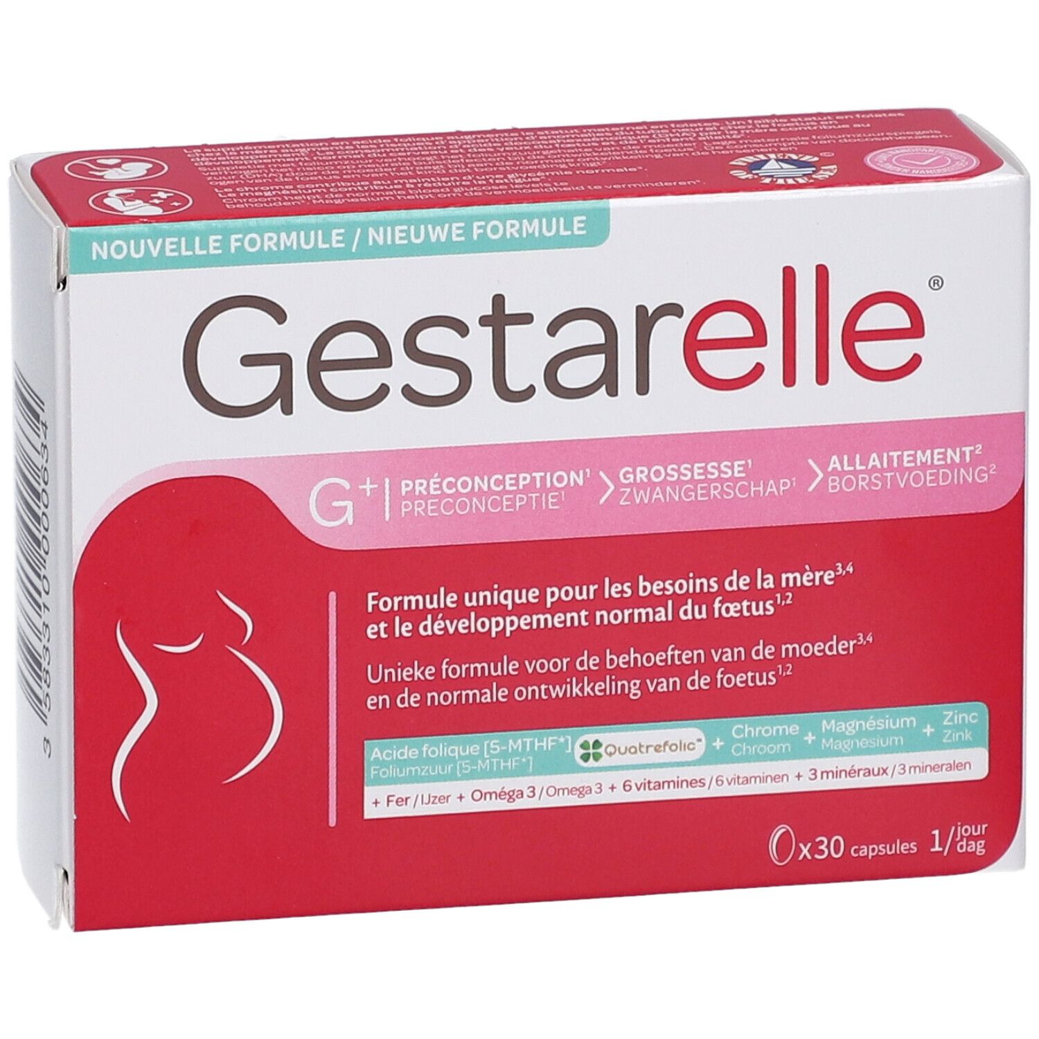 Boîte Gestarelle G+. Inscriptions: Préconception, Grossesse, Allaitement. Contient 30 capsules.