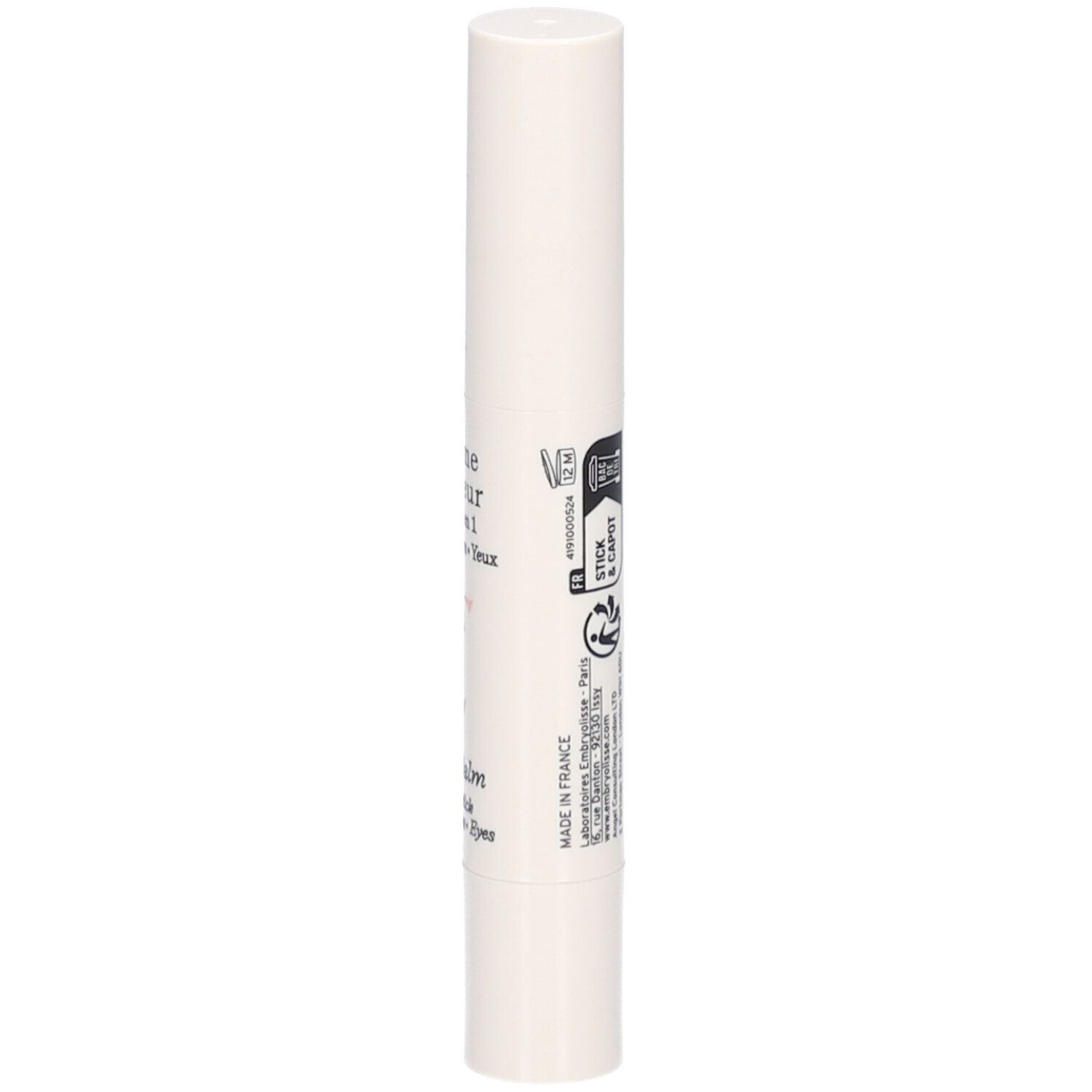 Weißer Lippenbalsam-Stick. Aufschrift: EMBRYOLISSE, Baume Couleur Stick 3 en 1, Farbe Rose Framboise. Mit Recycling-Symbolen.