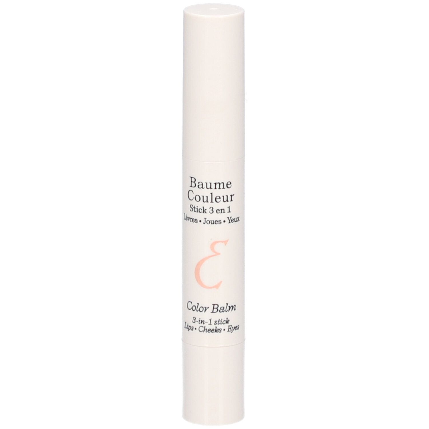 Weißer Lippenbalsam-Stick. Aufschrift: Baume Couleur Stick 3 en 1, Farbe Rose Framboise. Mit Logo.