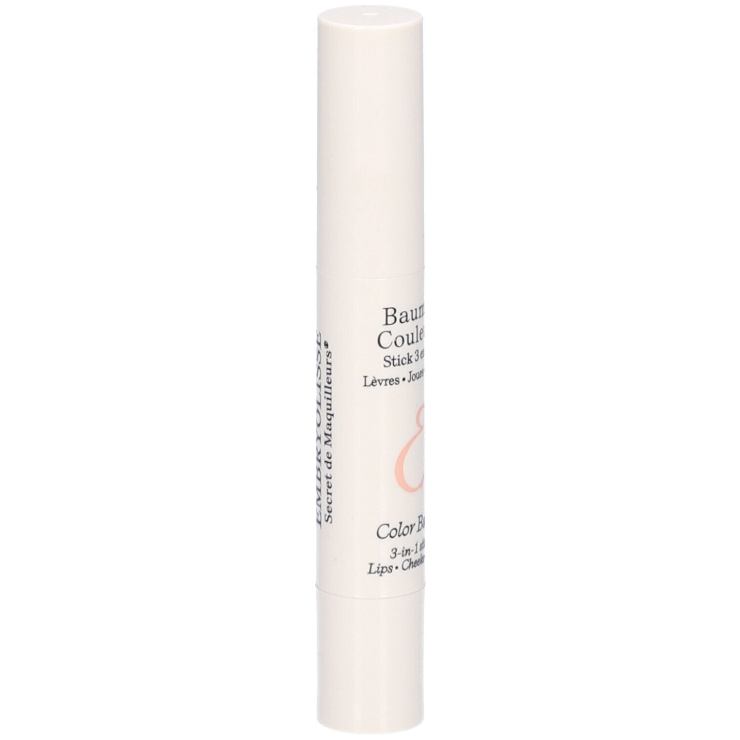 Weißer Lippenbalsam-Stick. Aufschrift: Baume Couleur Stick 3 en 1, Farbe Rose Framboise. Mit Logo.