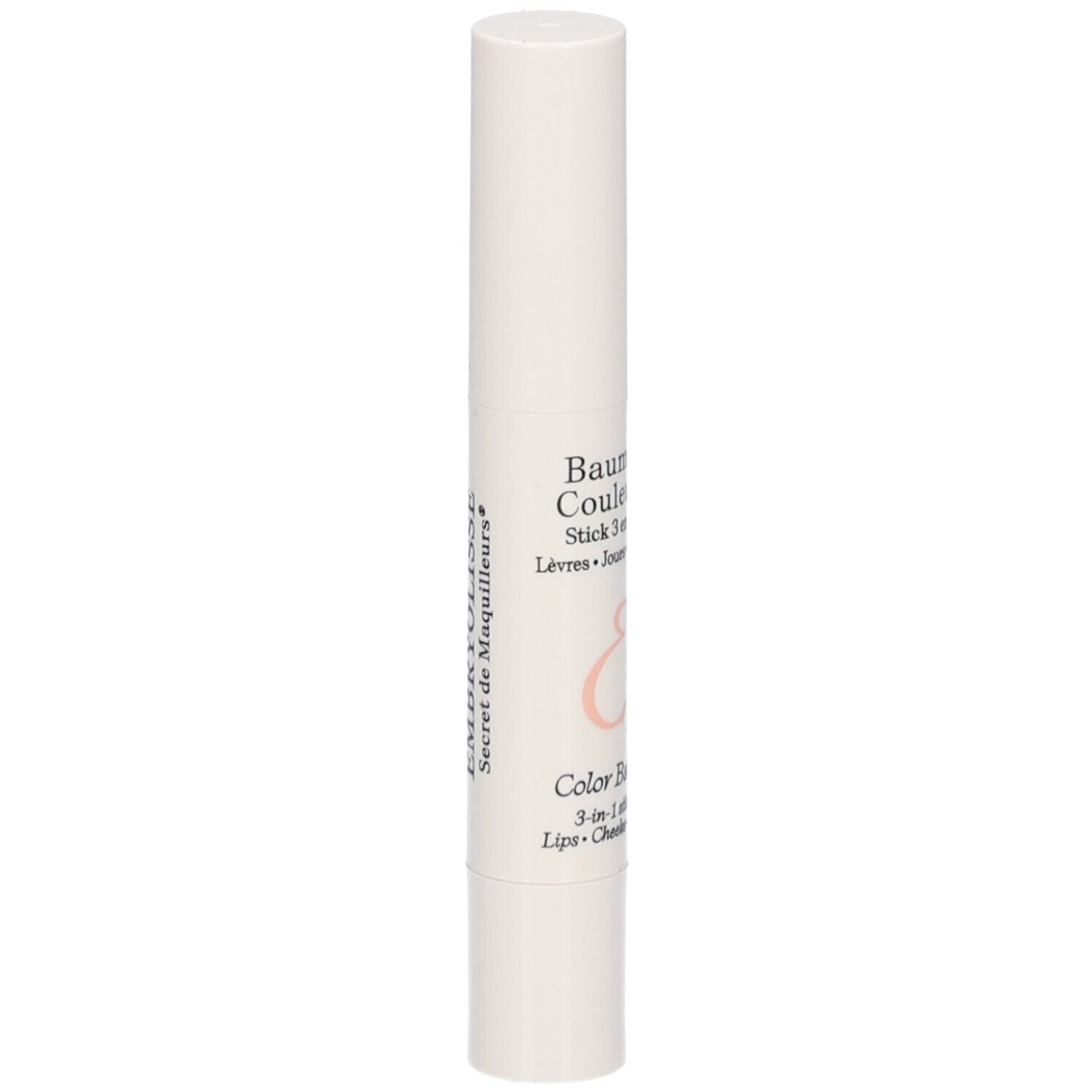 Weißer Stick mit Produktnamen und Details in französischer Sprache. Mit rosa 'E' Logo.