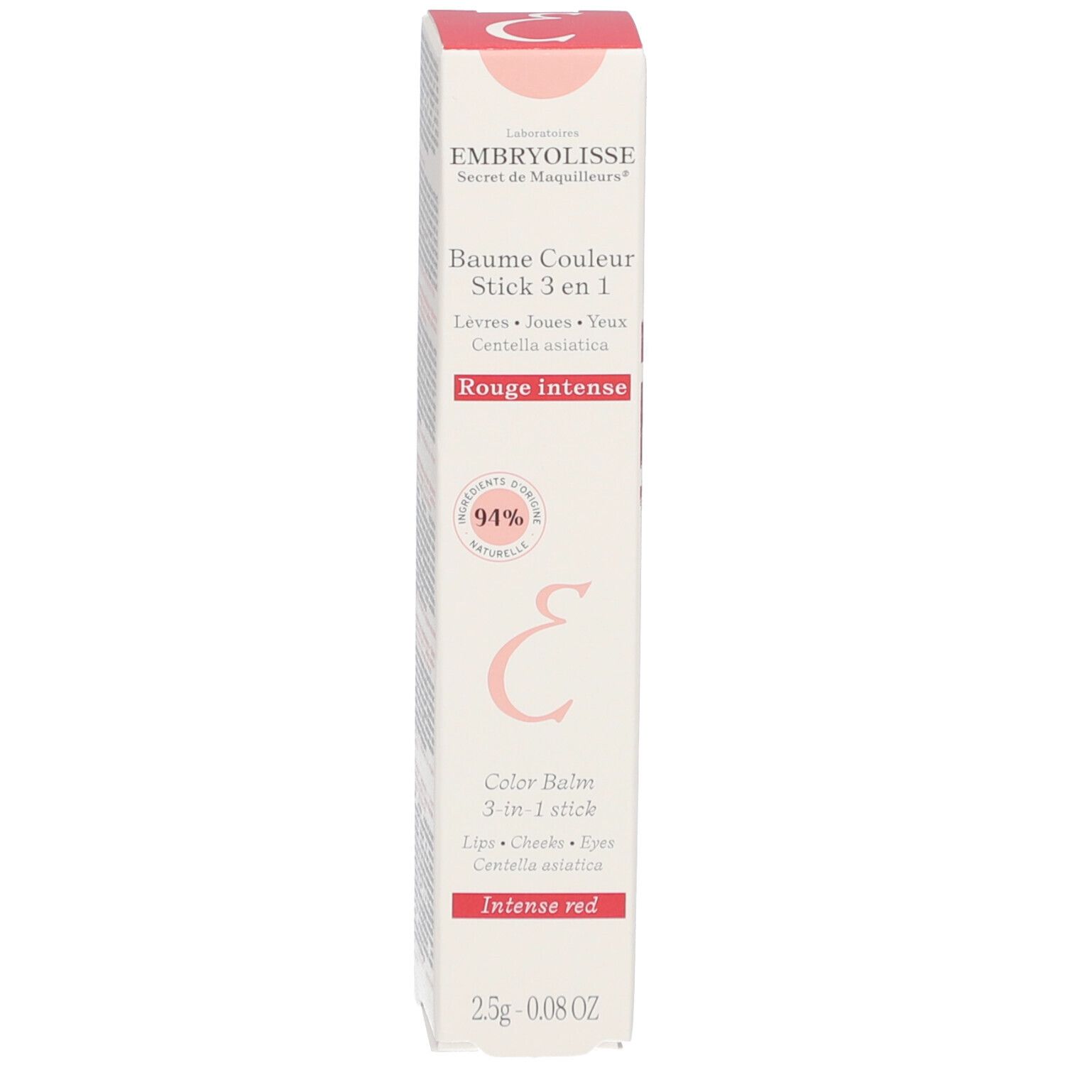 Produkt und Verpackung. Weißer Stick und Karton. Roter Text: Rouge Intense. 94% natürlich.