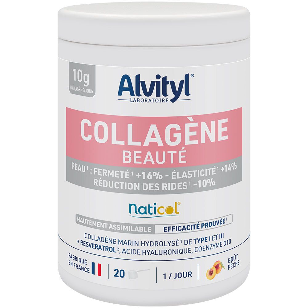 Weißes Behältnis mit rosa Etikett. Text: Alvityl Kollagen Beauty, 10g Kollagen pro Tag, Pfirsichgeschmack.