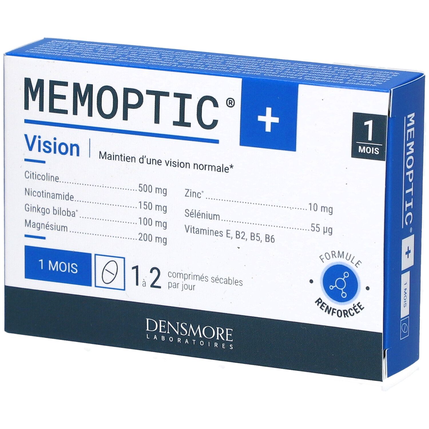 Boîte bleue et blanche "MEMOPTIC+" et "Vision". Ingrédients et indication "1 MOIS". Logo "Densmore Laboratoires".