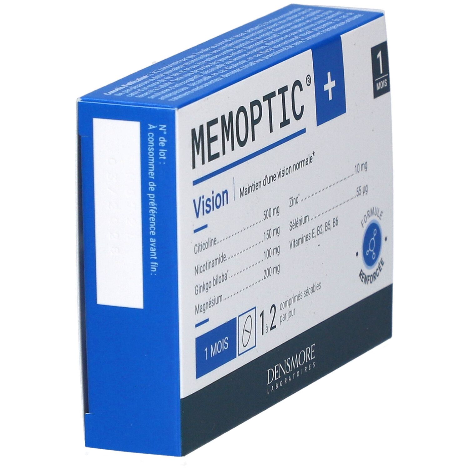 Boîte bleue et blanche "MEMOPTIC+" et "Vision". Ingrédients et indication "1 MOIS". Logo "Densmore Laboratoires". Vue en perspective.