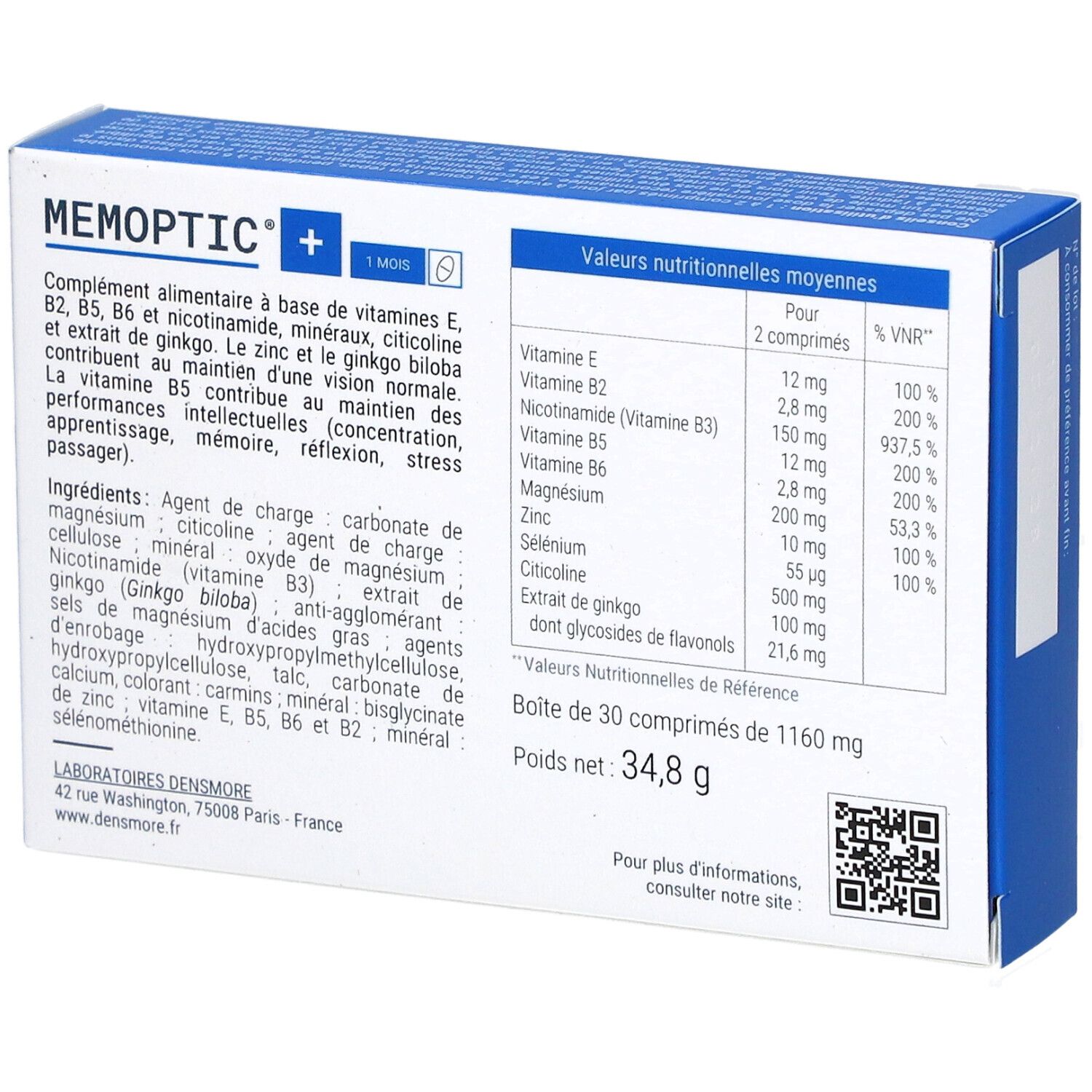 Dos de la boîte "MEMOPTIC+". Contient informations nutritionnelles, ingrédients et indication "30 comprimés". Logo "Densmore Laboratoires".