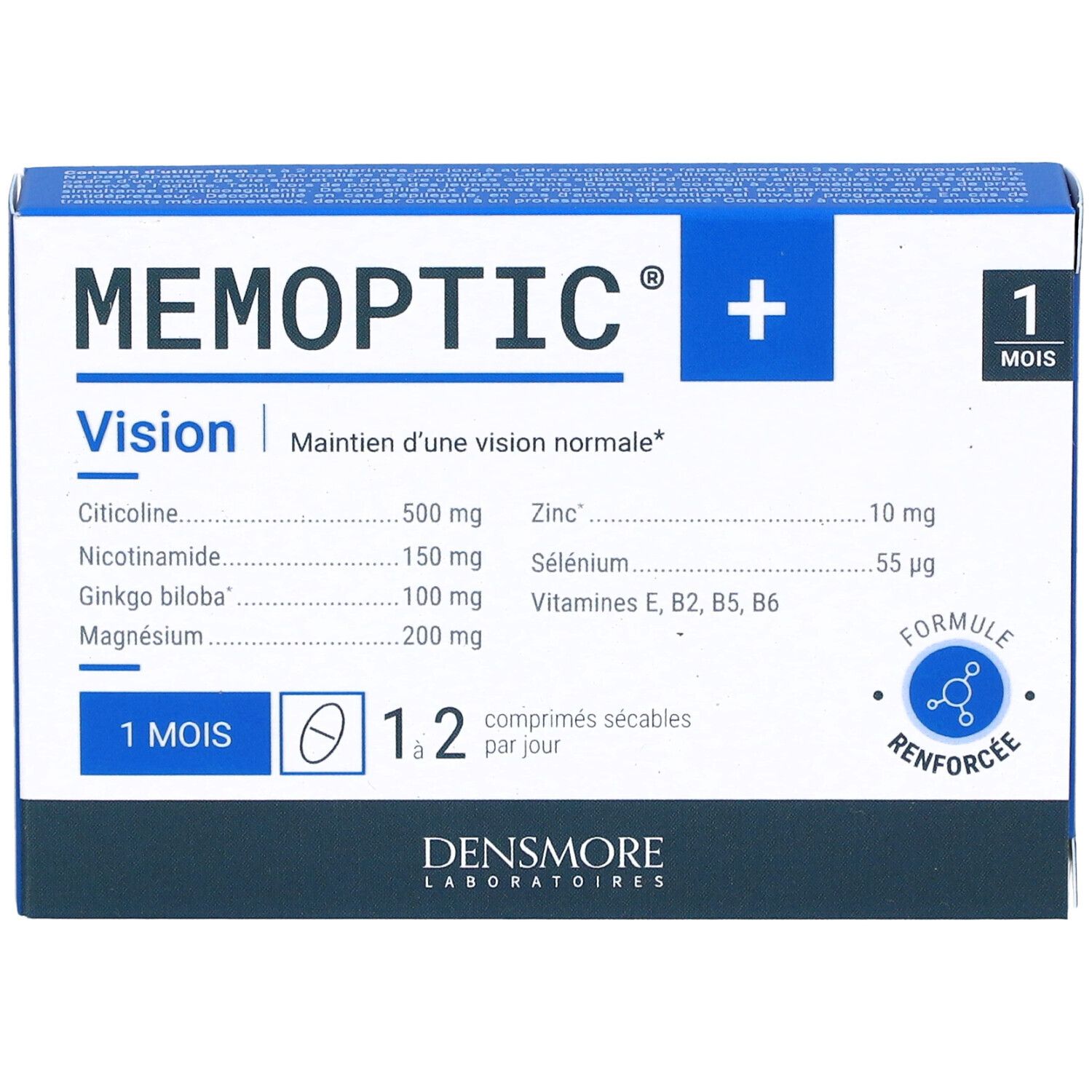 Boîte bleue et blanche "MEMOPTIC+" et "Vision". Ingrédients et indication "1 MOIS". Logo "Densmore Laboratoires".