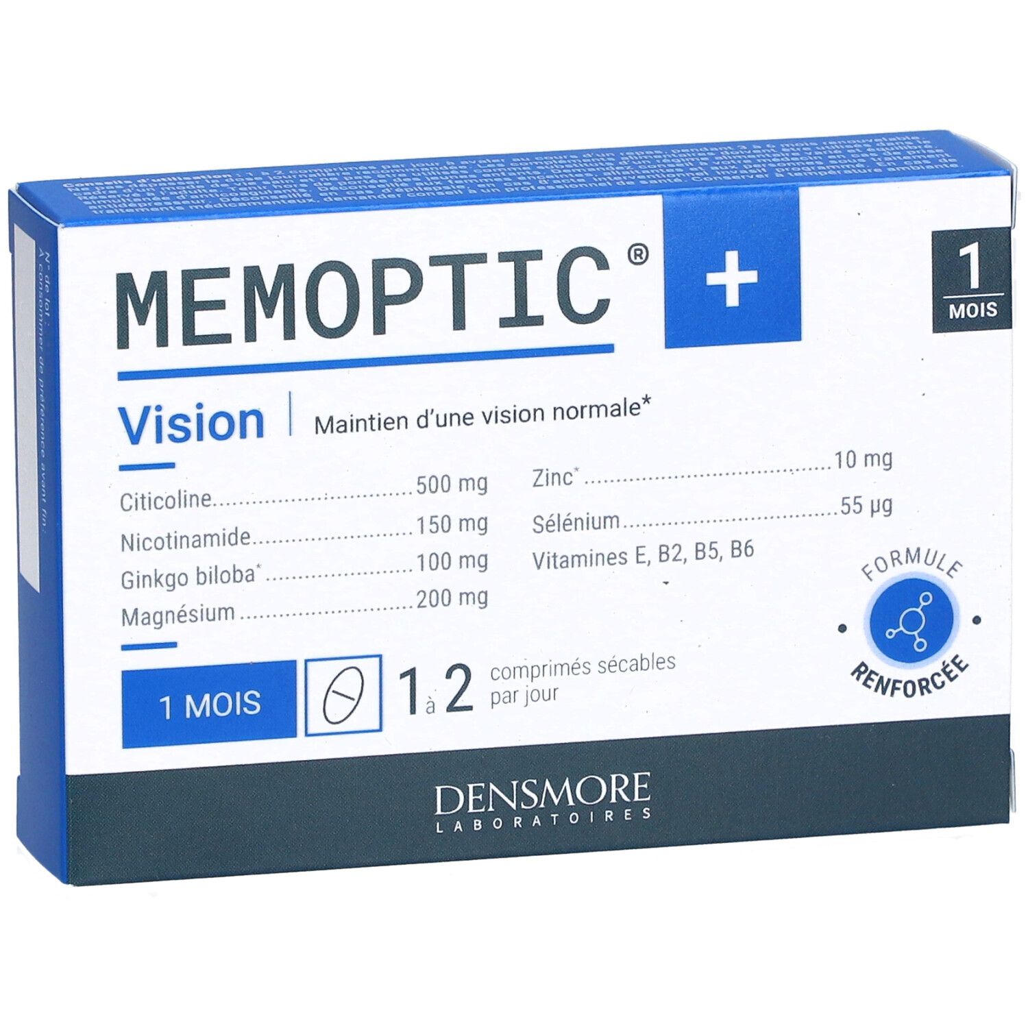Boîte bleue et blanche "MEMOPTIC+" et "Vision". Ingrédients et indication "1 MOIS". Logo "Densmore Laboratoires".