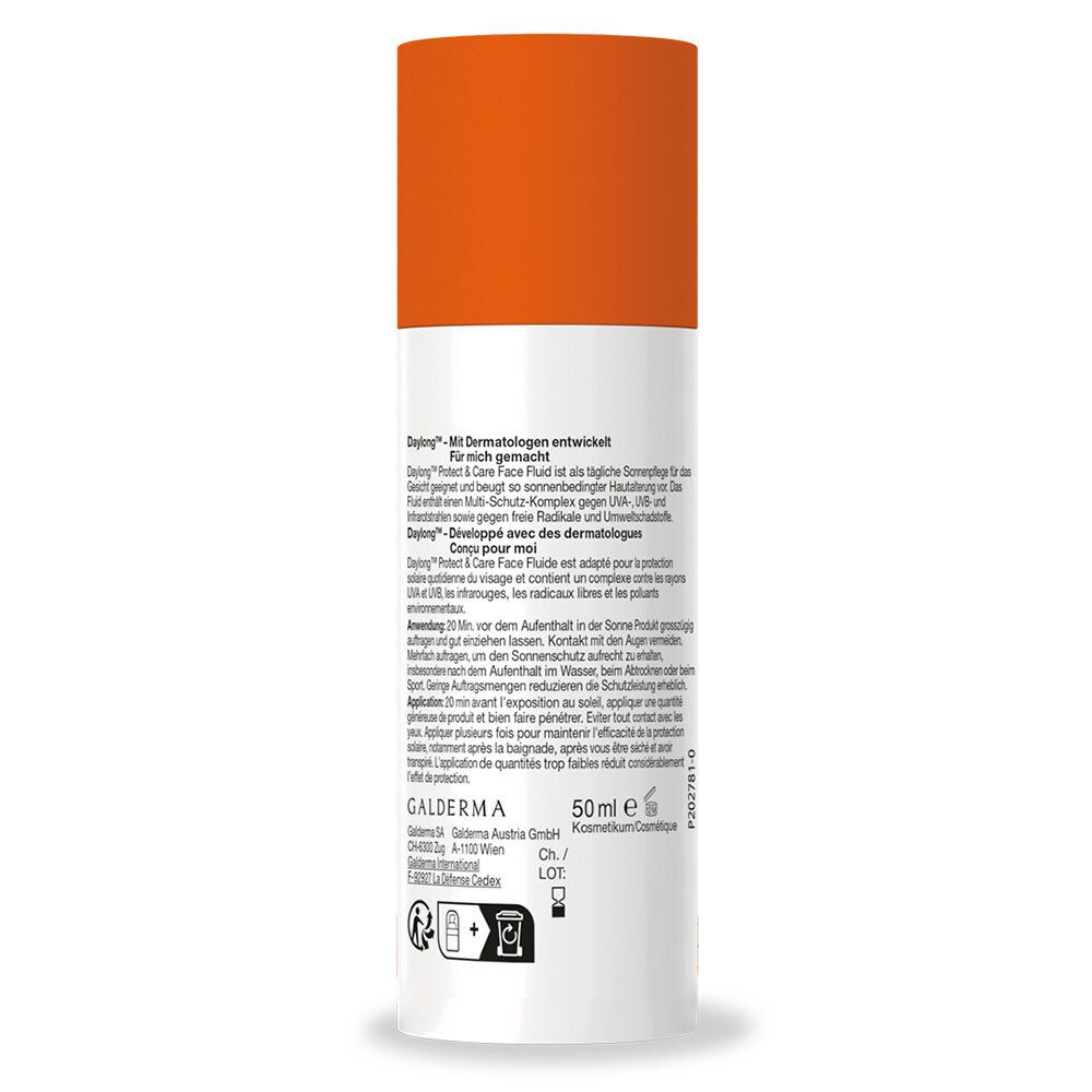 Rückseite der Daylong Face Flasche. Text in mehreren Sprachen. Herstellerinformationen und Chargennummer. 50ml.