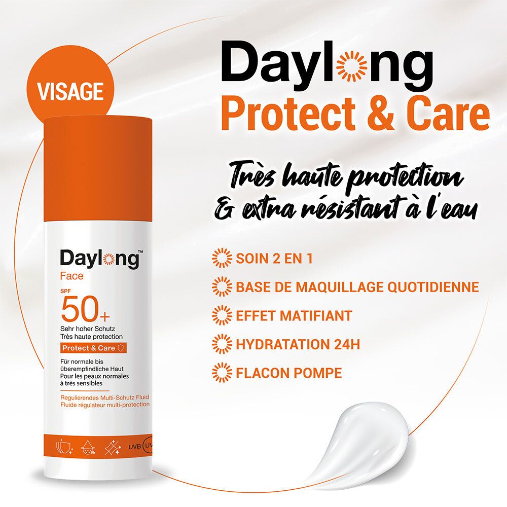 Werbebild mit Daylong Face SPF 50+ Flasche. Text: Protect & Care, Très haute protection & extra résistant à l'eau. 2-in-1 Pflege.