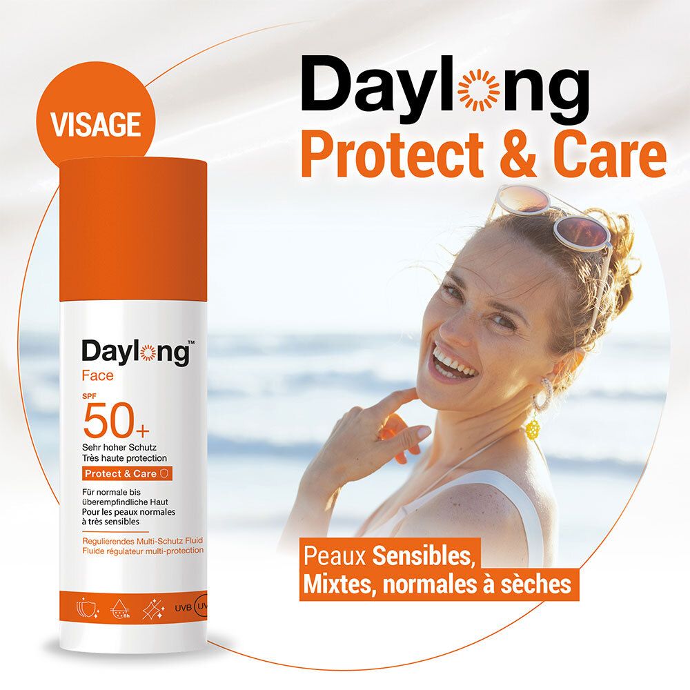 Werbebild mit Daylong Face SPF 50+ Flasche und Frau. Text: Protect & Care, Très haute protection & extra résistant à l'eau. Für sensible Haut.