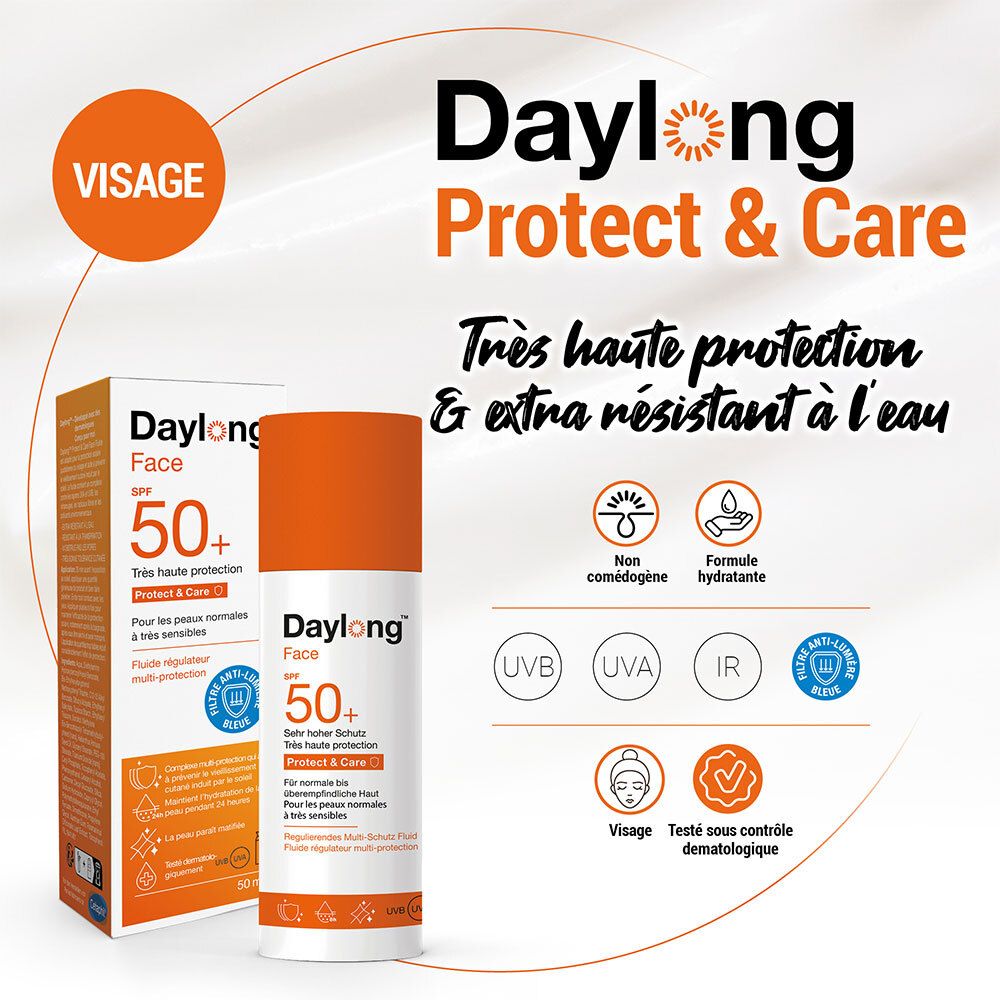 Werbebild mit Daylong Face SPF 50+ Flasche und Verpackung. Text: Protect & Care, Très haute protection & extra résistant à l'eau. Nicht komedogen.