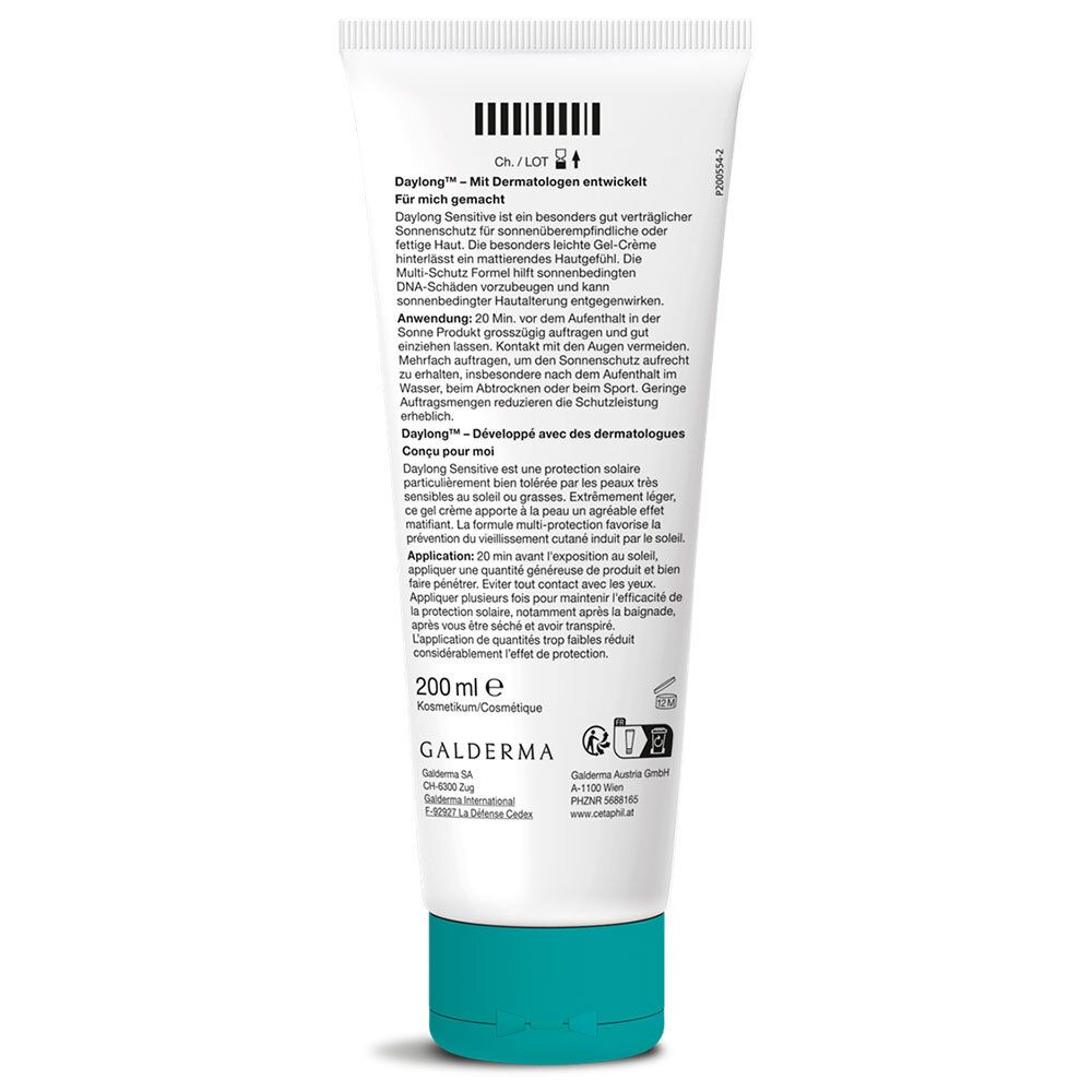 Rückseite der Daylong SPF 50+ Sensitive Tube. Text in Deutsch und Französisch. Barcode, 200 ml, Galderma Logo, Kosmetik.