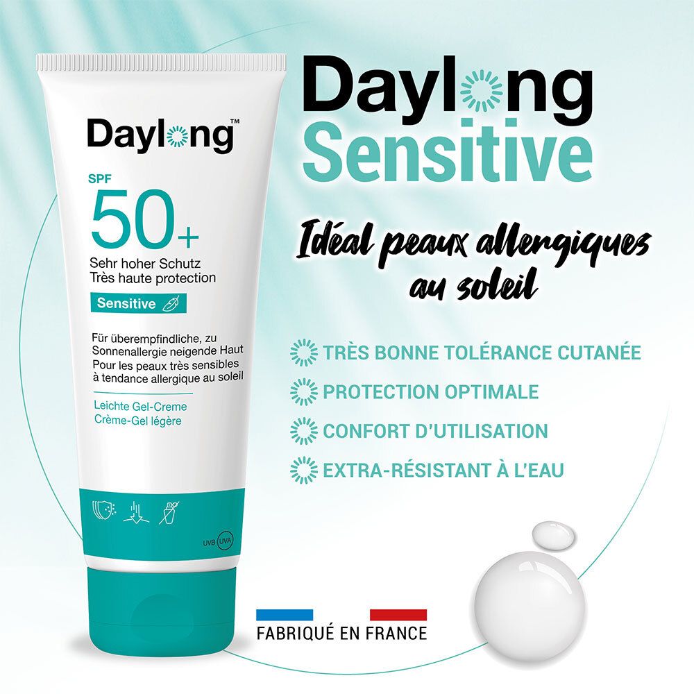 Werbung für Daylong Sensitive. Tube und Text: SPF 50+, Sensitive. Ideal für sonnenallergische Haut. Gute Hautverträglichkeit.