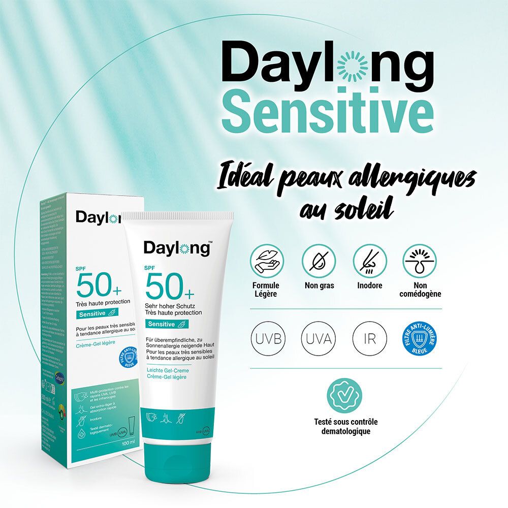Daylong Sensitive Werbung. Tube und Verpackung. Text: SPF 50+, Sensitive. Formel, nicht fettend, geruchlos, nicht komedogen.