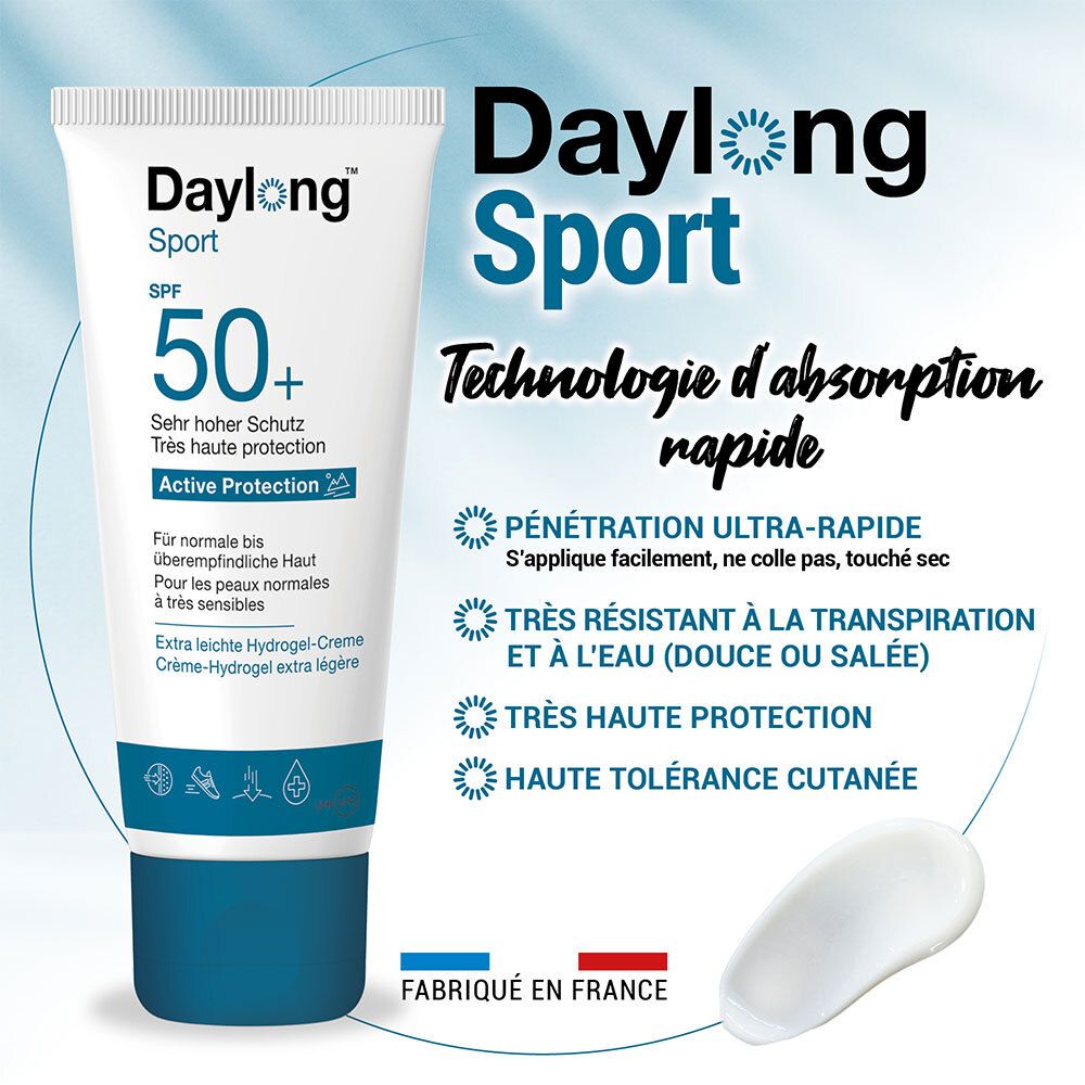 Image du produit avec texte. Daylong Sport, SPF 50+. Technologie d'absorption rapide. Crème-hydrogel.