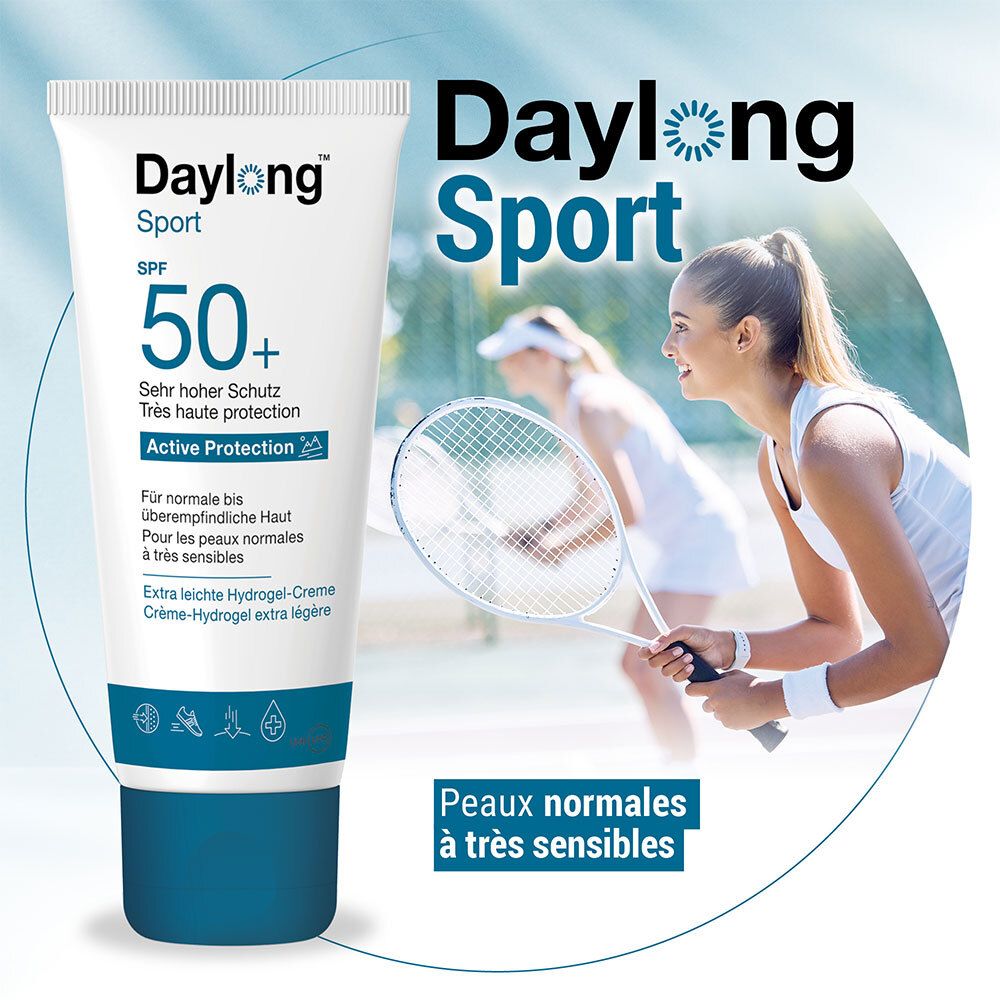 Image du produit avec joueurs de tennis. Daylong Sport, SPF 50+. Pour peaux normales à très sensibles.