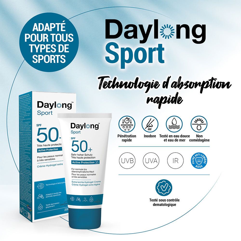 Produit avec emballage. Daylong Sport SPF 50+. Adapté à tous les sports. Testé dermatologiquement.