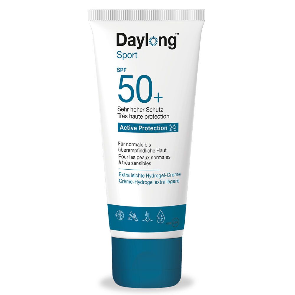 Tube blanc et bleu. Inscription: Daylong Sport SPF 50+. Pour peaux normales à très sensibles.