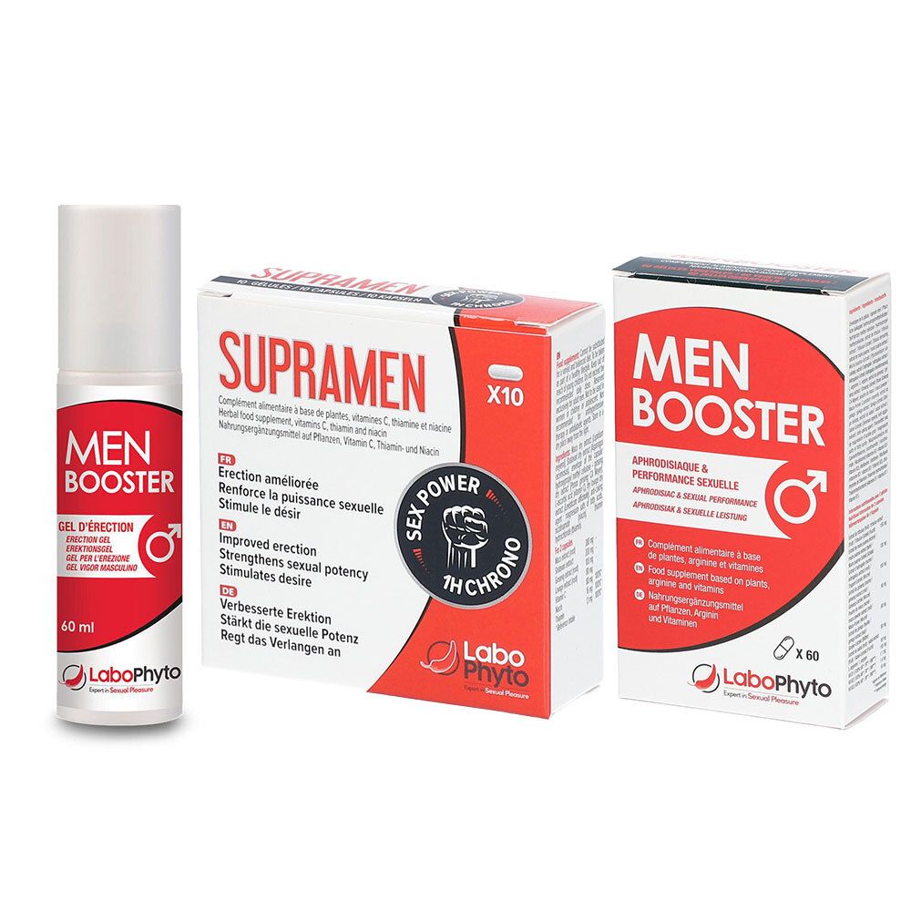 Trois produits Labophyto : gel Men Booster, boîte de comprimés Supramen et une autre boîte. Inscriptions : Érection améliorée, puissance sexuelle.