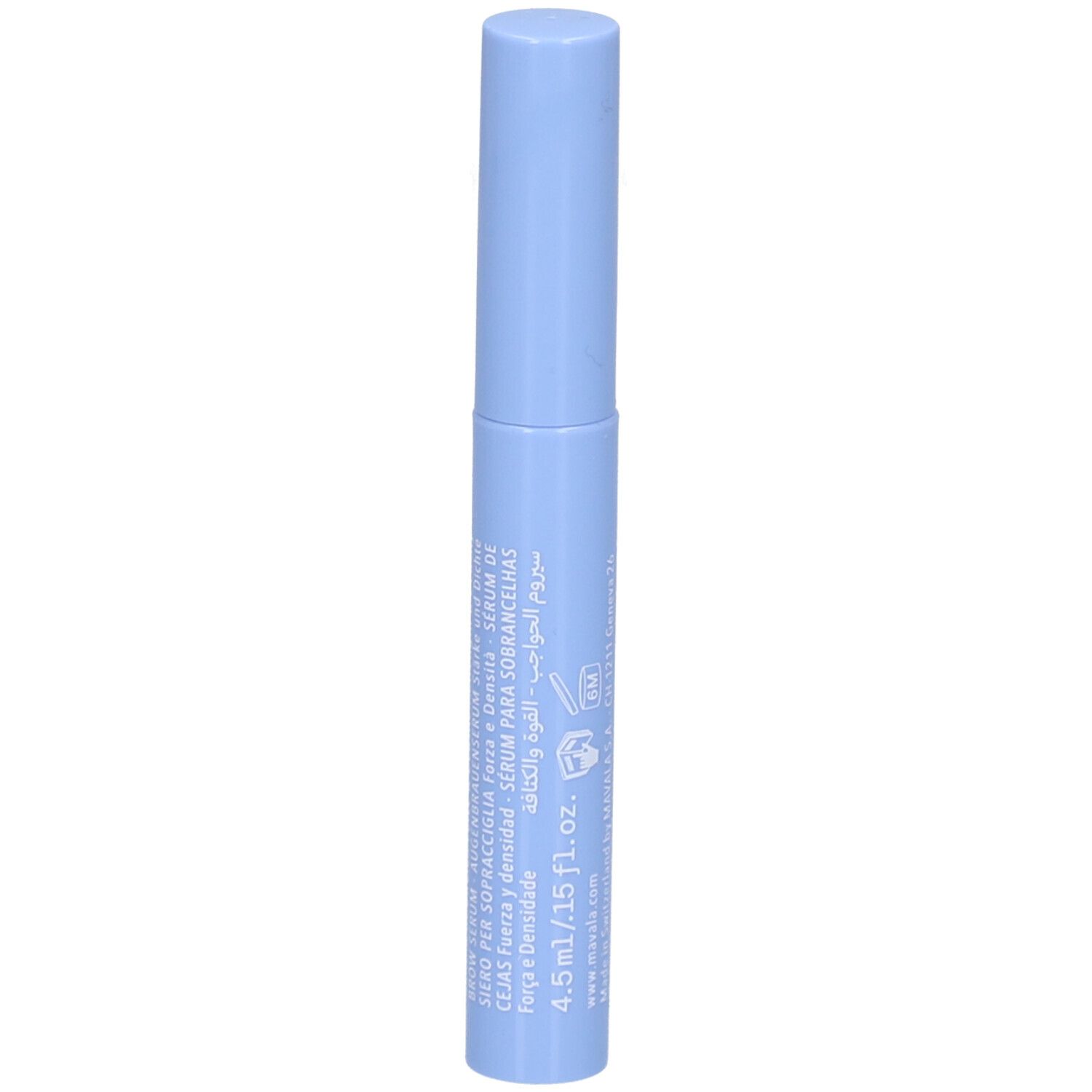 Hellblaues Serum. Zylindrische Form mit Schraubverschluss. Aufdruck mit Produktnamen und Volumen.