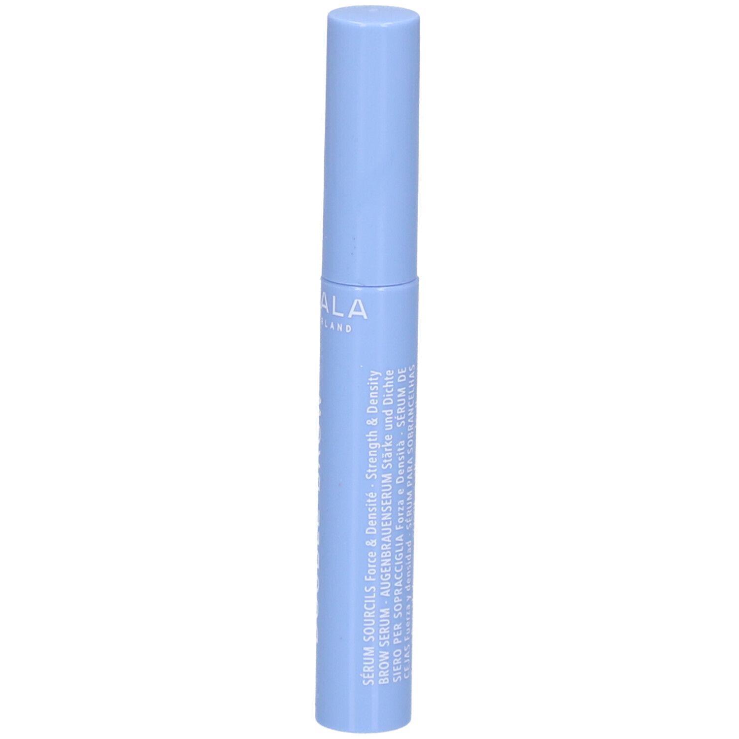 Hellblaues Serum. Zylindrische Form mit Schraubverschluss. Aufdruck mit Produktnamen und Volumen.