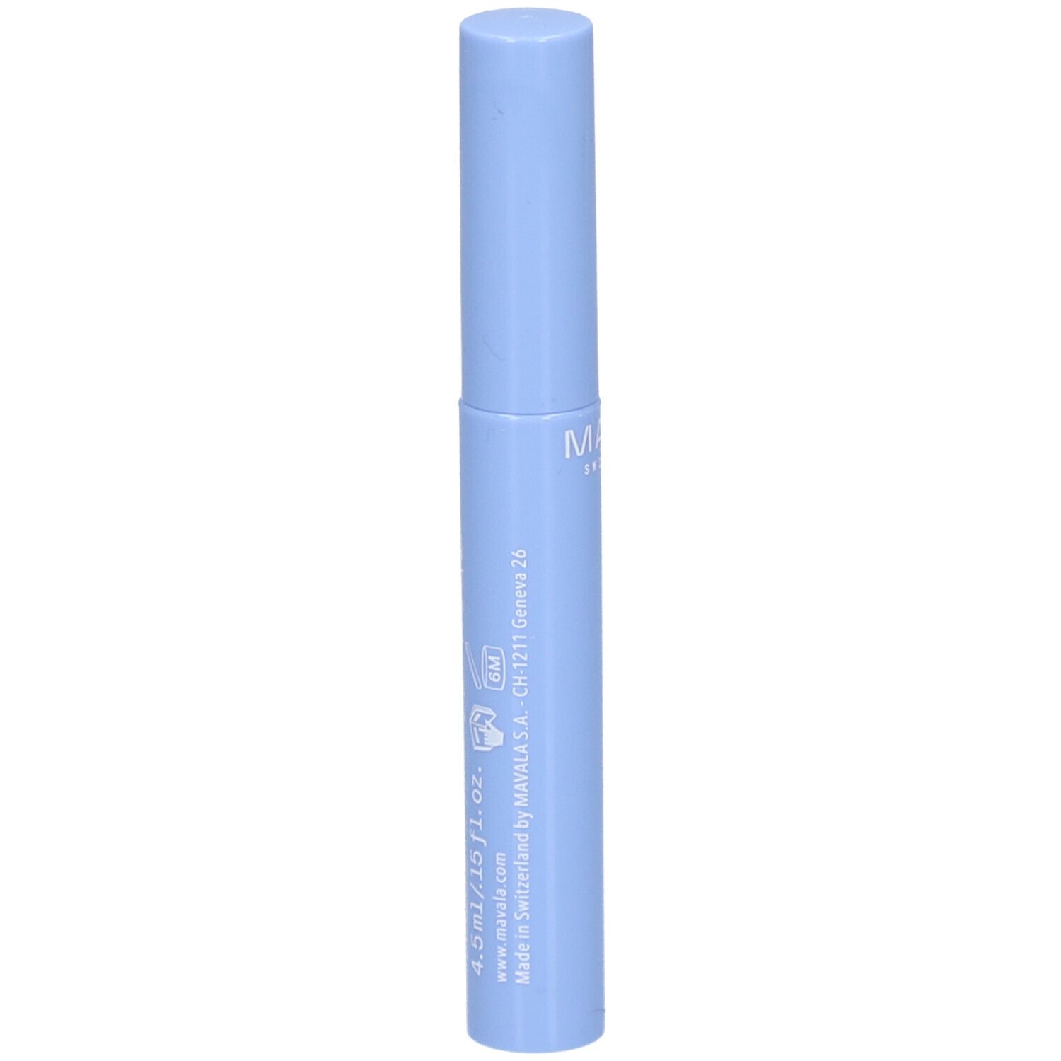 Hellblaues Serum. Zylindrische Form mit Schraubverschluss. Marke, Volumen und Herstellungsort.