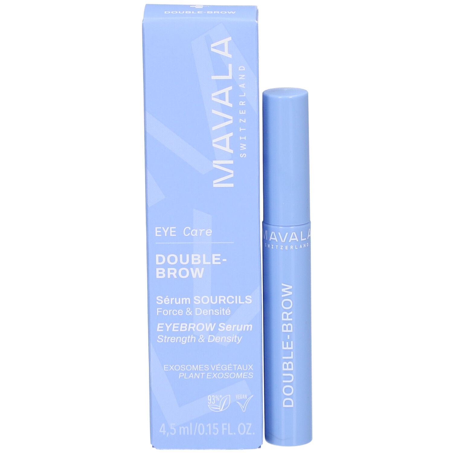 Hellblaues Serum und Verpackung. Verpackung mit Produktnamen, Marke und Inhaltsangaben.