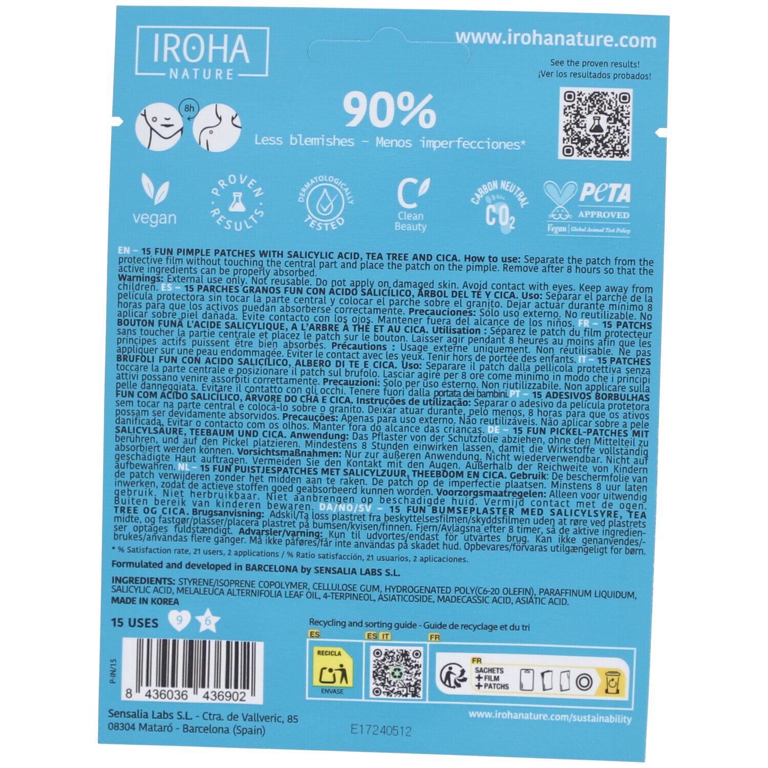Rückseite der IROHA NATURE FUN PIMPLE PATCHES Verpackung. Textinformationen, Logos, und Recycling-Hinweise. Vegan-Siegel.