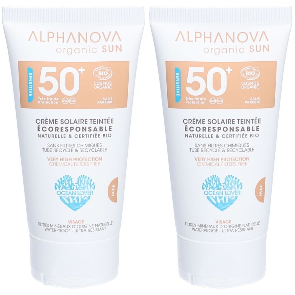 Deux tubes de crème solaire teintée SPF 50+. Marque ALPHANOVA organic SUN, certifiée BIO. Pour le visage, résistante à l'eau.