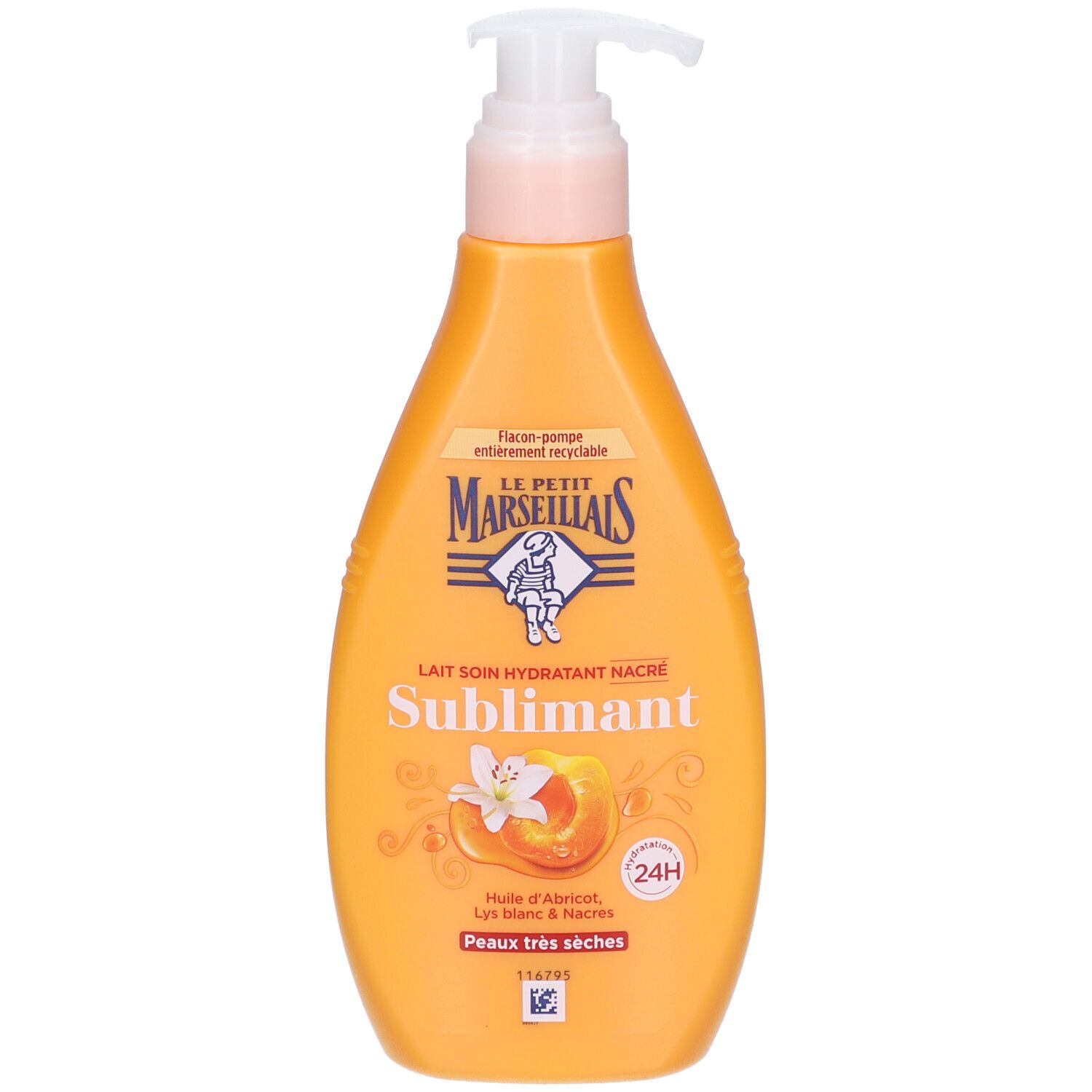 Flacon orange avec pompe. Inscription: Lait Soin Hydratant Nacré Sublimant. Illustration d'une fleur et d'abricot.