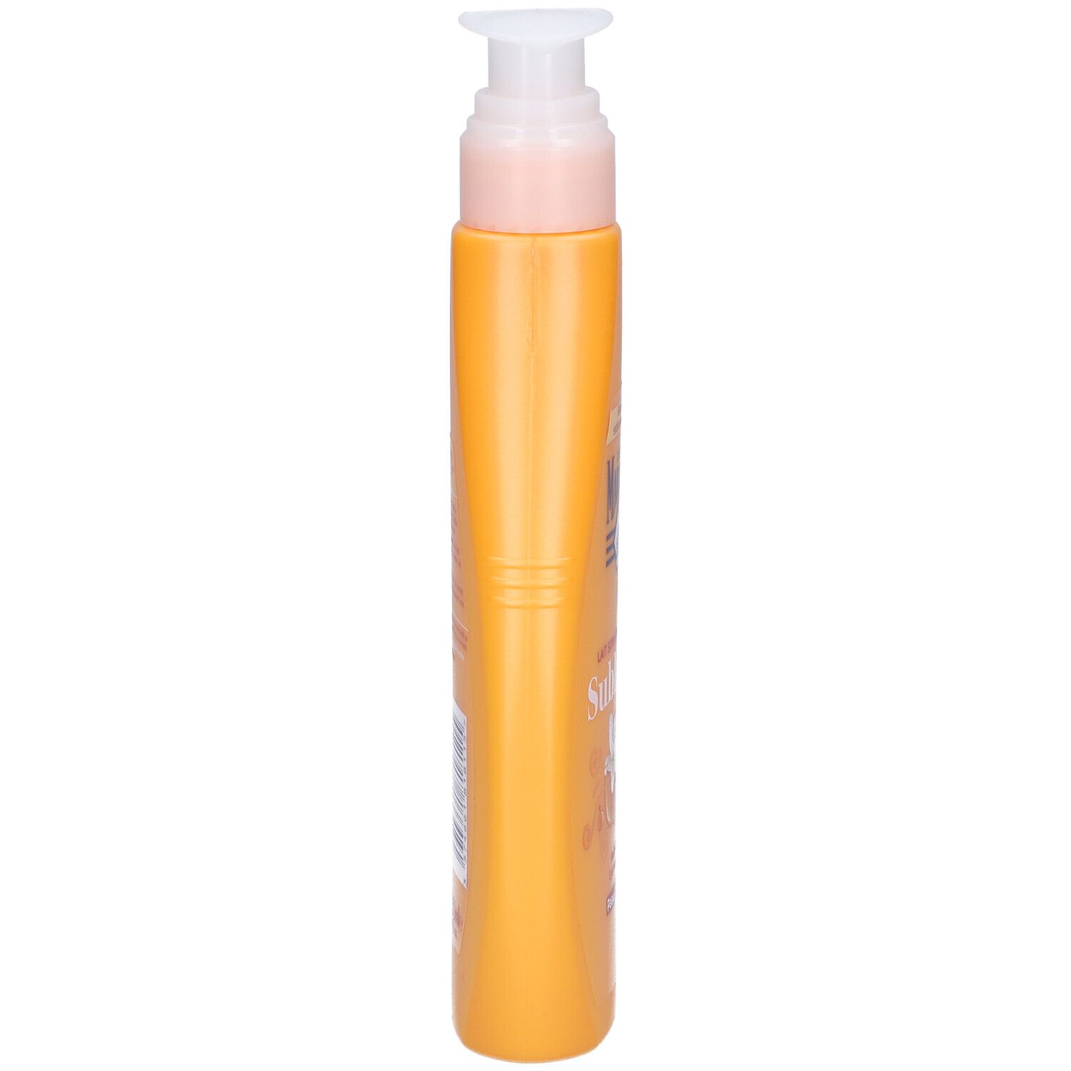 Flacon orange étroit avec pompe. Vue latérale. Texte et étiquette visibles.