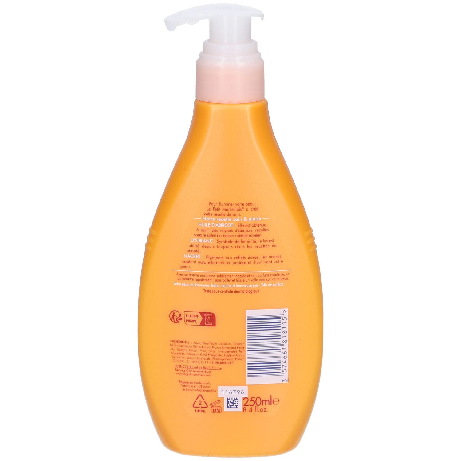 Dos d'un flacon orange avec texte et ingrédients. Avec symbole de recyclage.