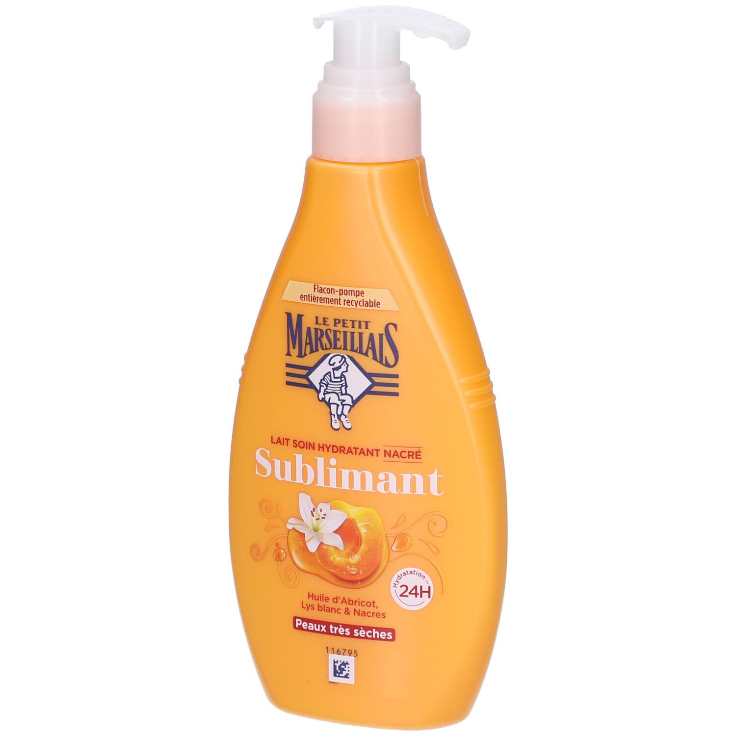 Flacon orange avec pompe. Inscription: Lait Soin Hydratant Nacré Sublimant. Illustration d'une fleur et d'abricot.