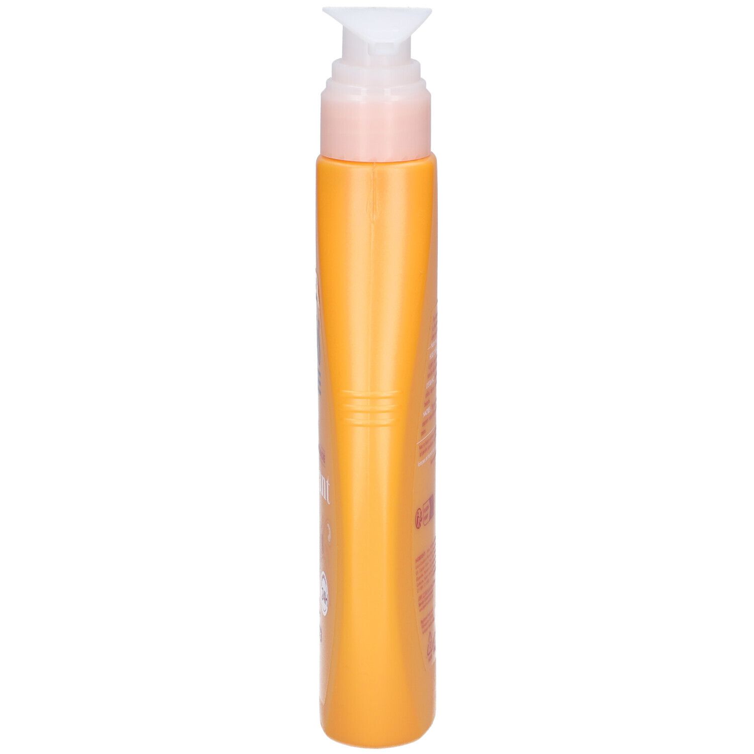 Flacon orange étroit avec pompe. Vue latérale. Texte et étiquette visibles.