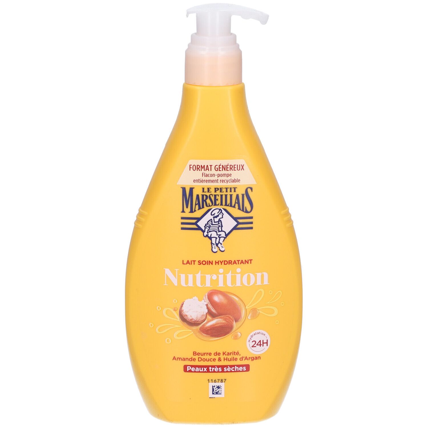 Flacon jaune avec pompe. Inscription: Lait Soin Hydratant Nutrition. Beurre de Karité, Amande Douce & Huile d'Argan.