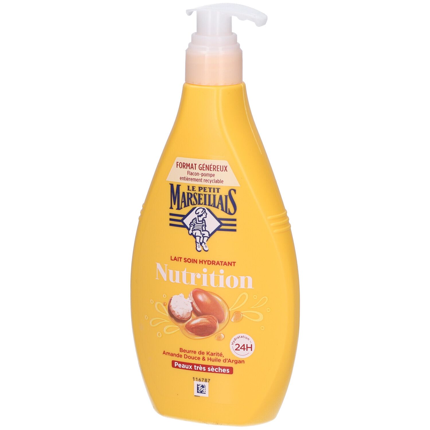 Flacon jaune avec pompe. Inscription: Lait Soin Hydratant Nutrition. Beurre de Karité, Amande Douce & Huile d'Argan.