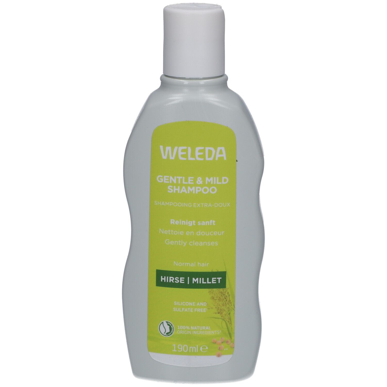 Flacon vert clair avec bouchon blanc. Étiquette avec nom du produit et ingrédients. Texte: Gentle & Mild Shampoo, Hirse/Millet.