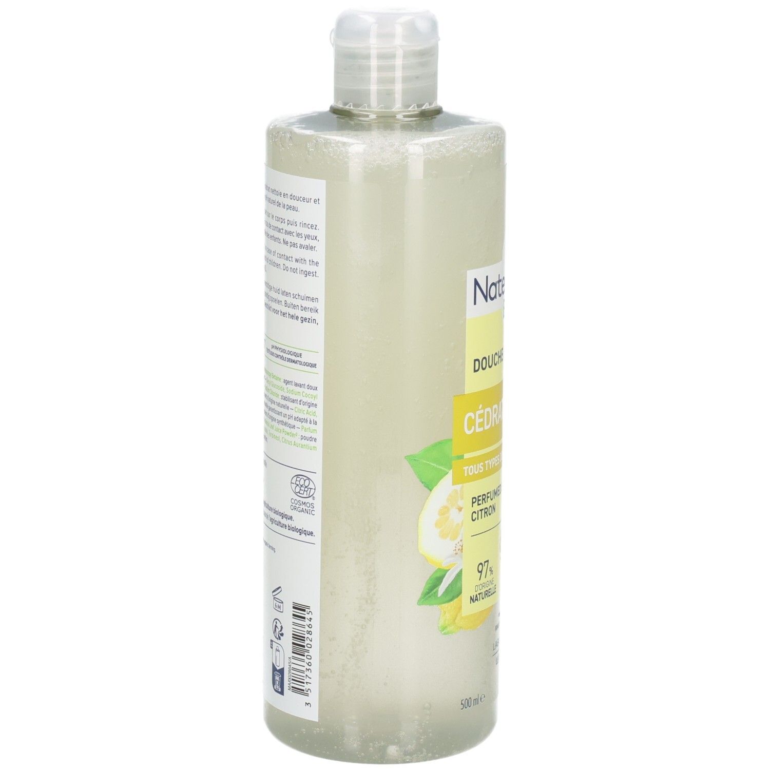 Natessance Bio Duschgel mit Zitrone, Rückseite mit Inhaltsstoffen und Zertifizierungen.