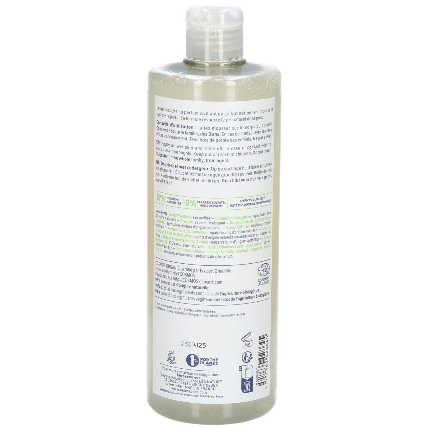 Natessance Bio Duschgel mit Zitrone, Rückseite mit Anwendungshinweisen und Zertifizierungen.