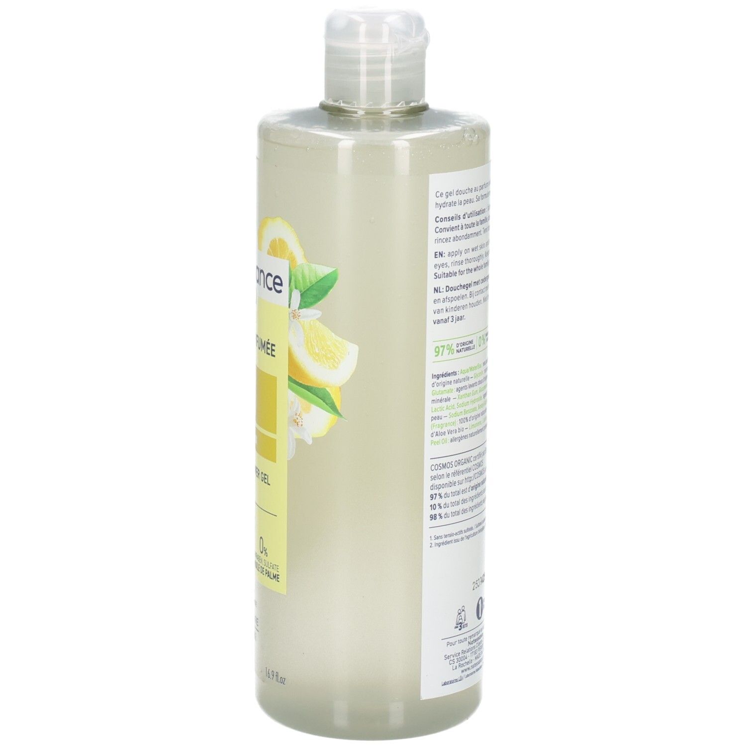 Natessance Bio Duschgel mit Zitrone, Rückseite mit Inhaltsstoffen und Zertifizierungen.