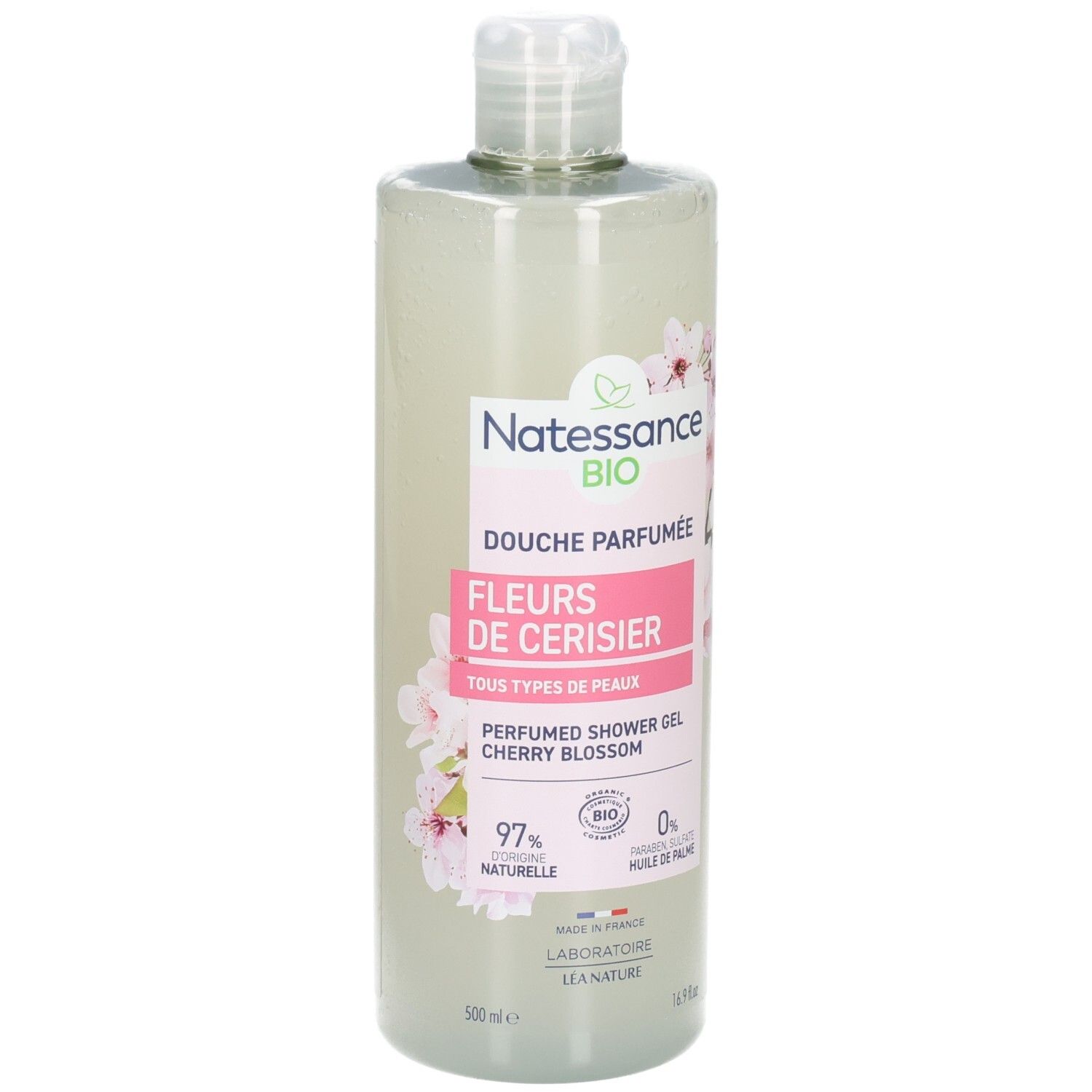 Natessance Duschgel mit Kirschblütenduft, 500ml Flasche.