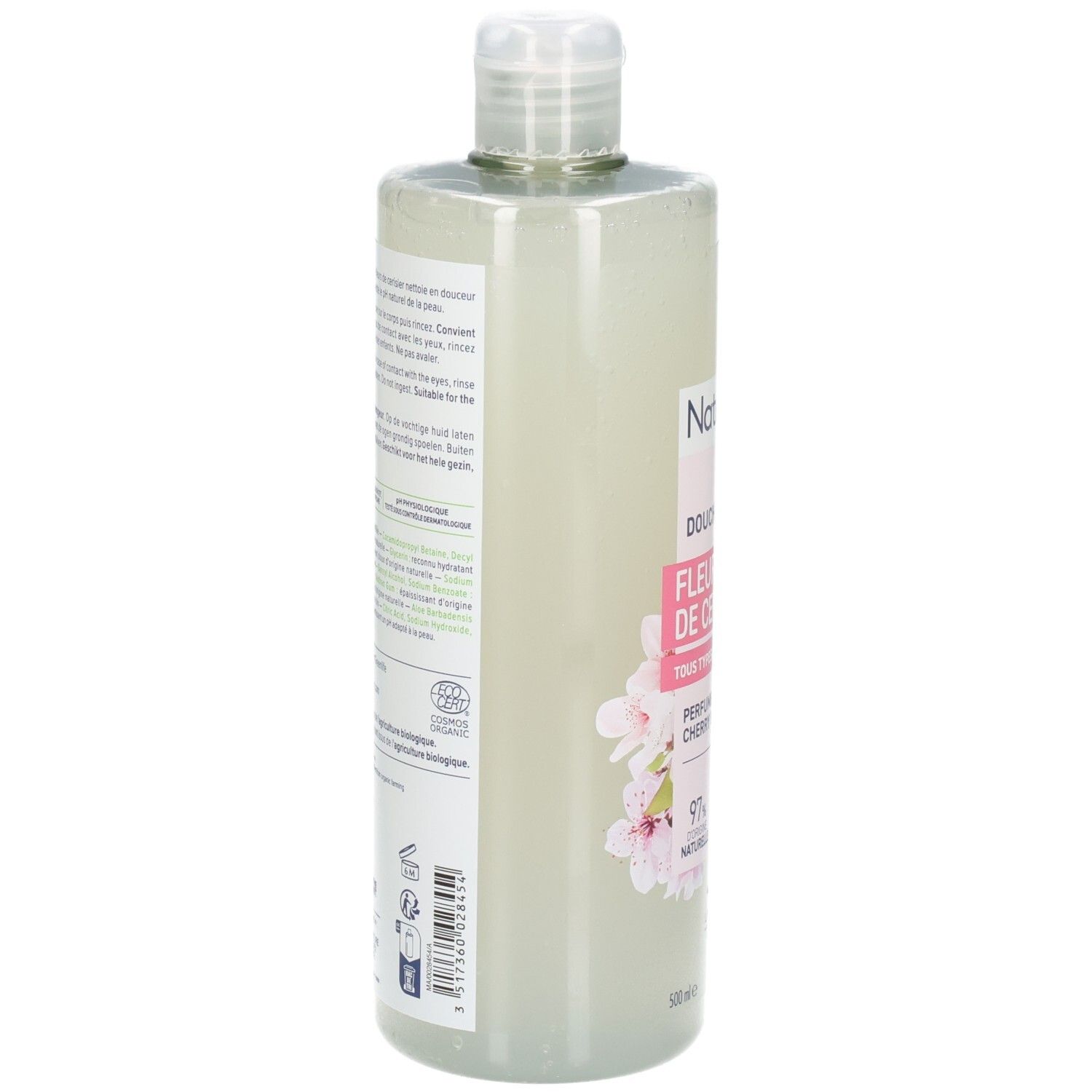 Rückseite der Natessance Duschgel Flasche mit Inhaltsstoffen und Zertifizierungen.