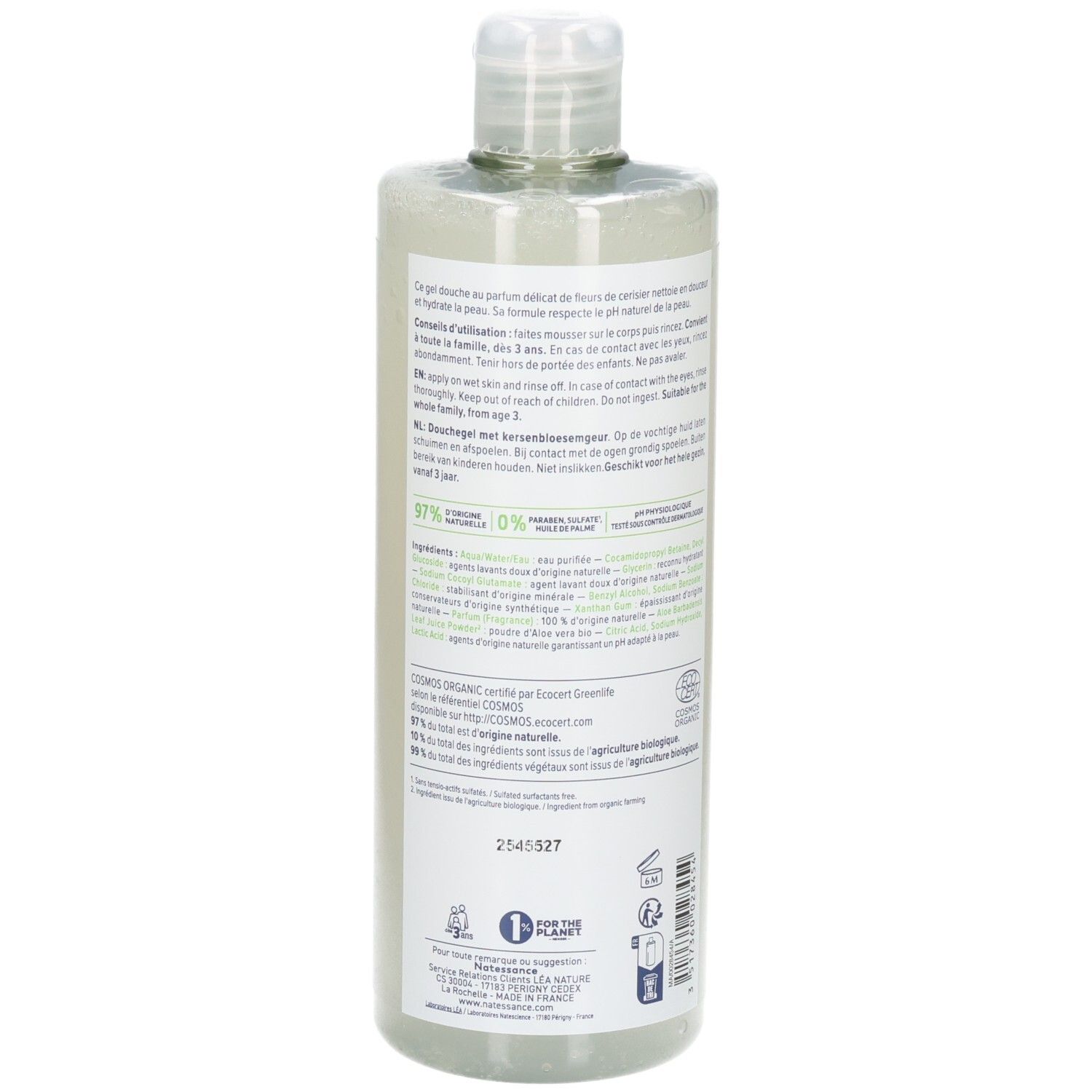 Rückseite der Natessance Duschgel Flasche mit detaillierten Informationen.