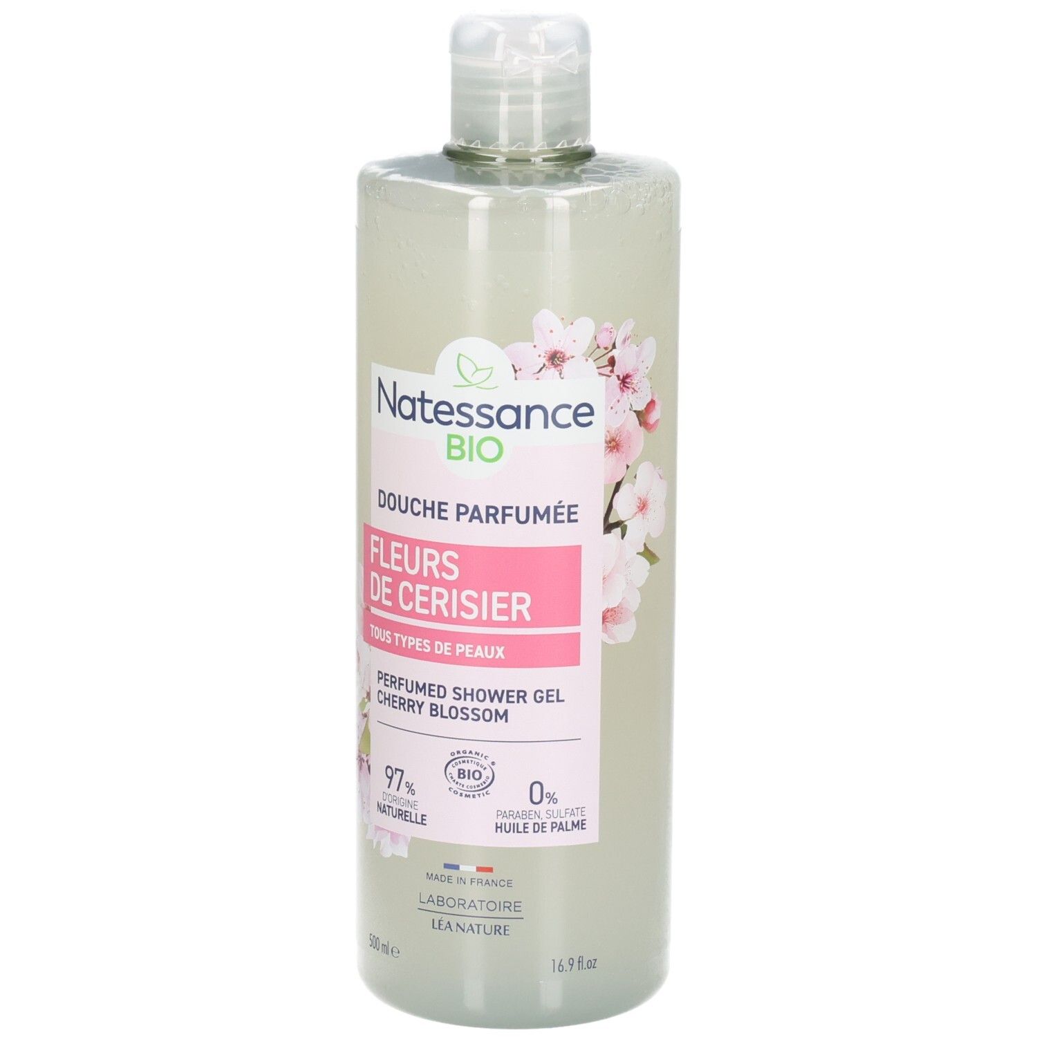 Natessance Duschgel mit Kirschblütenduft, 500ml Flasche, Vorderansicht.