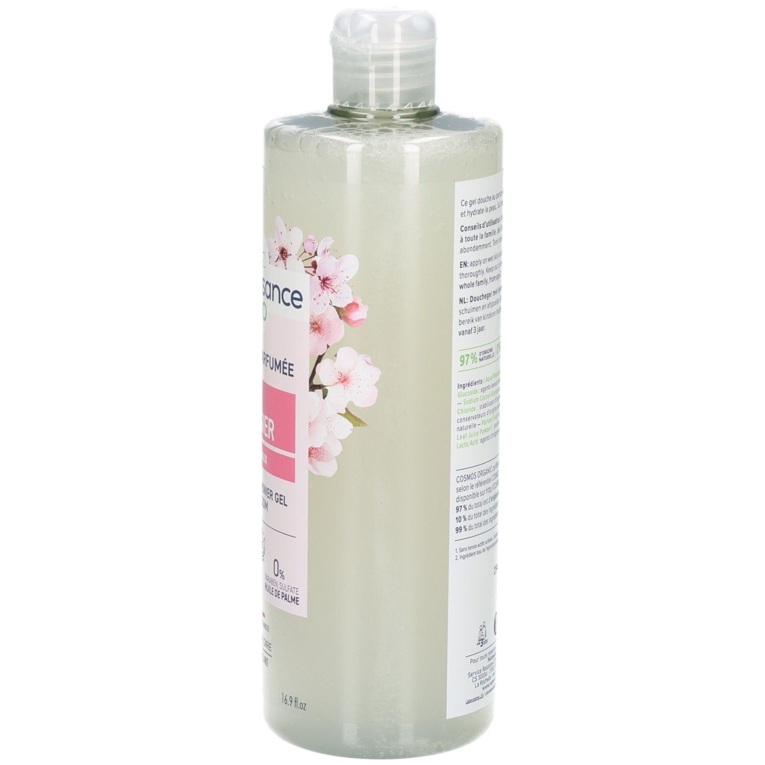 Seitenansicht der Natessance Duschgel Flasche mit Kirschblüten-Design.