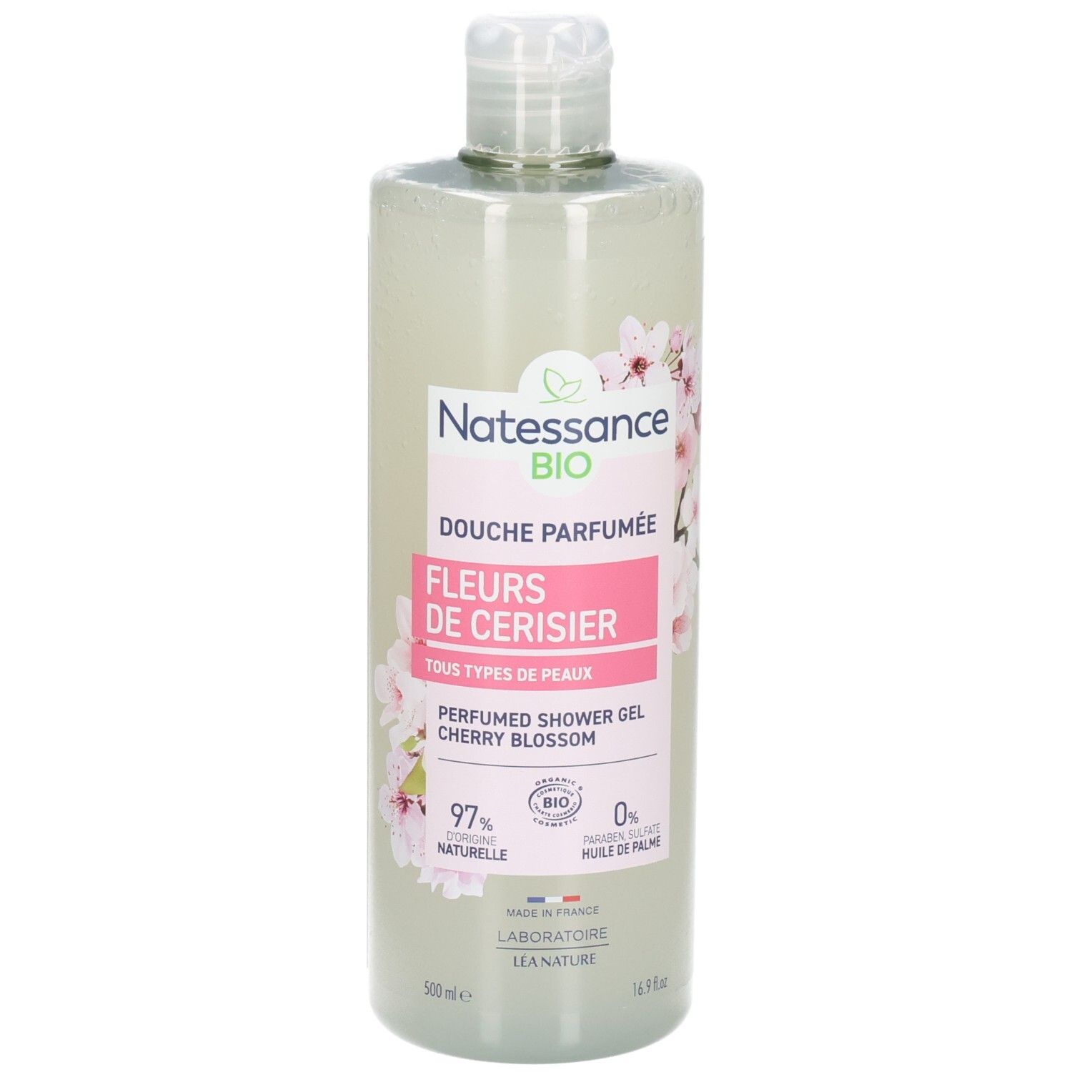 Natessance Duschgel Kirschblüte, 500ml Flasche, mit Bio-Siegel und floralem Motiv.