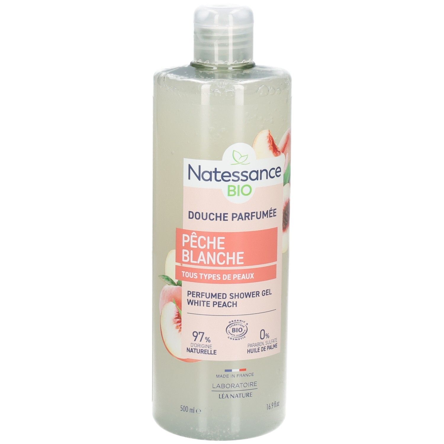 Natessance Duschgel Weißer Pfirsich: Transparente Flasche mit Pfirsich-Motiv. 500ml.