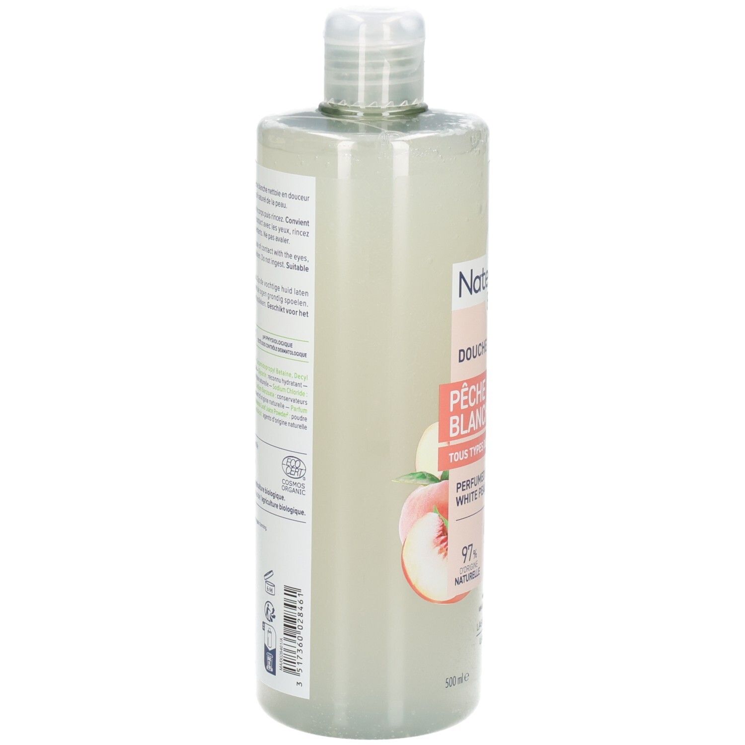 Natessance Duschgel Weißer Pfirsich: Seitenansicht der transparenten Flasche mit Pfirsich-Motiv.