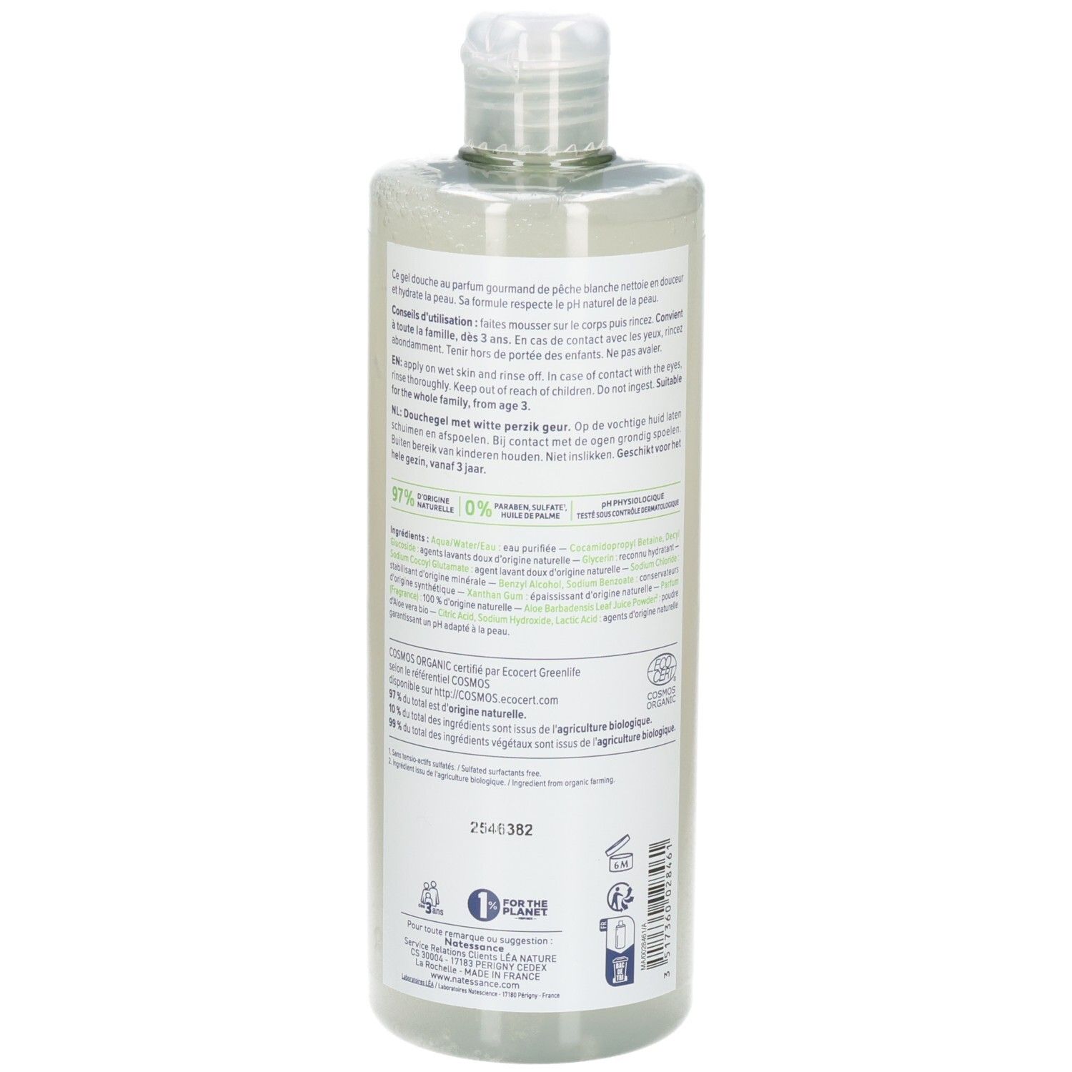 Natessance Duschgel Weißer Pfirsich: Rückseite der Flasche mit Inhaltsstoffen und Bio-Siegel.